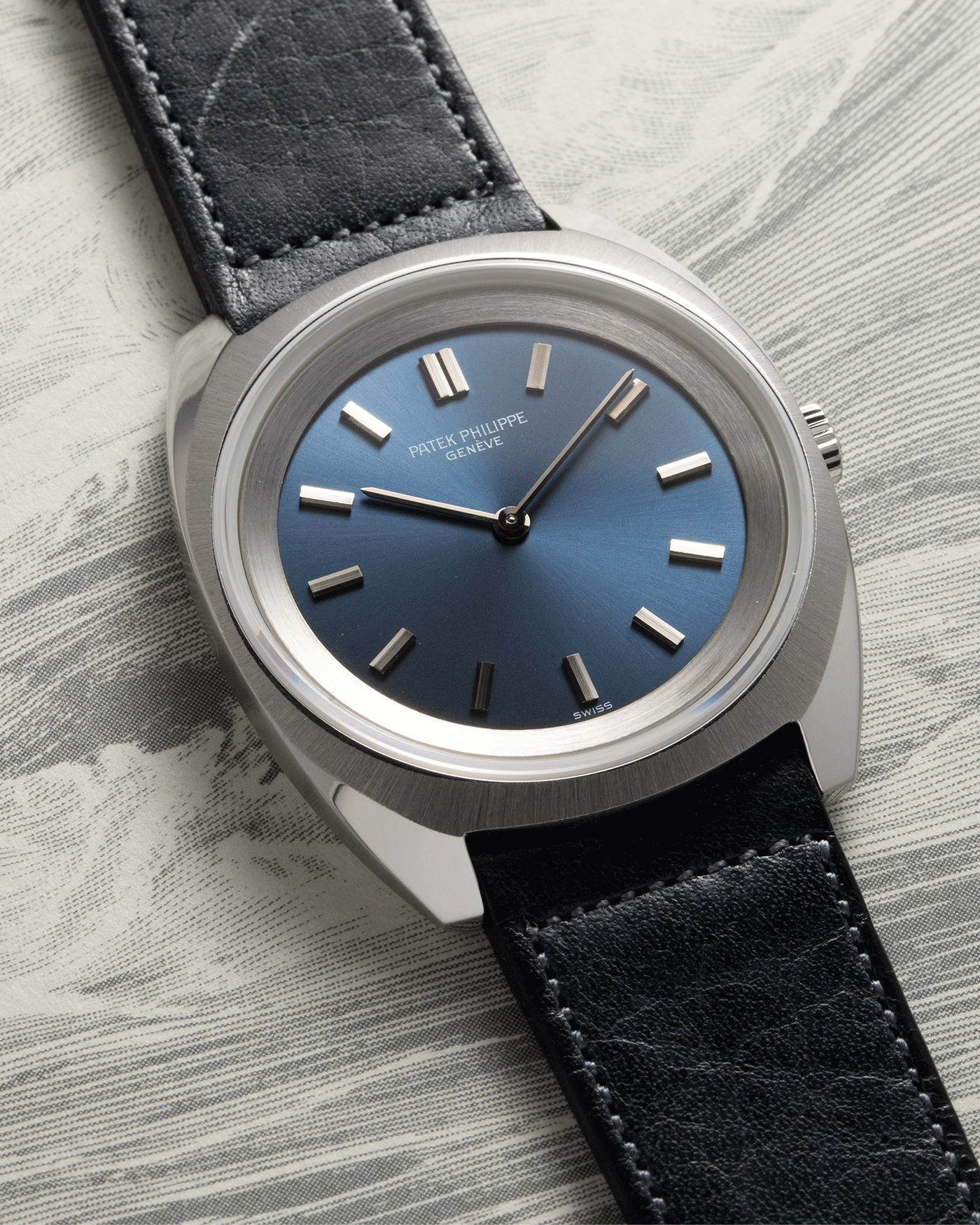 √ Brand: Patek Philippe Year: 1970s Reference: 3579 Material: Stainless Steel Movement: Cal 23-300 Case Diameter: 33mm Strap: Accurate Form Navy Blue Japanese Calf
