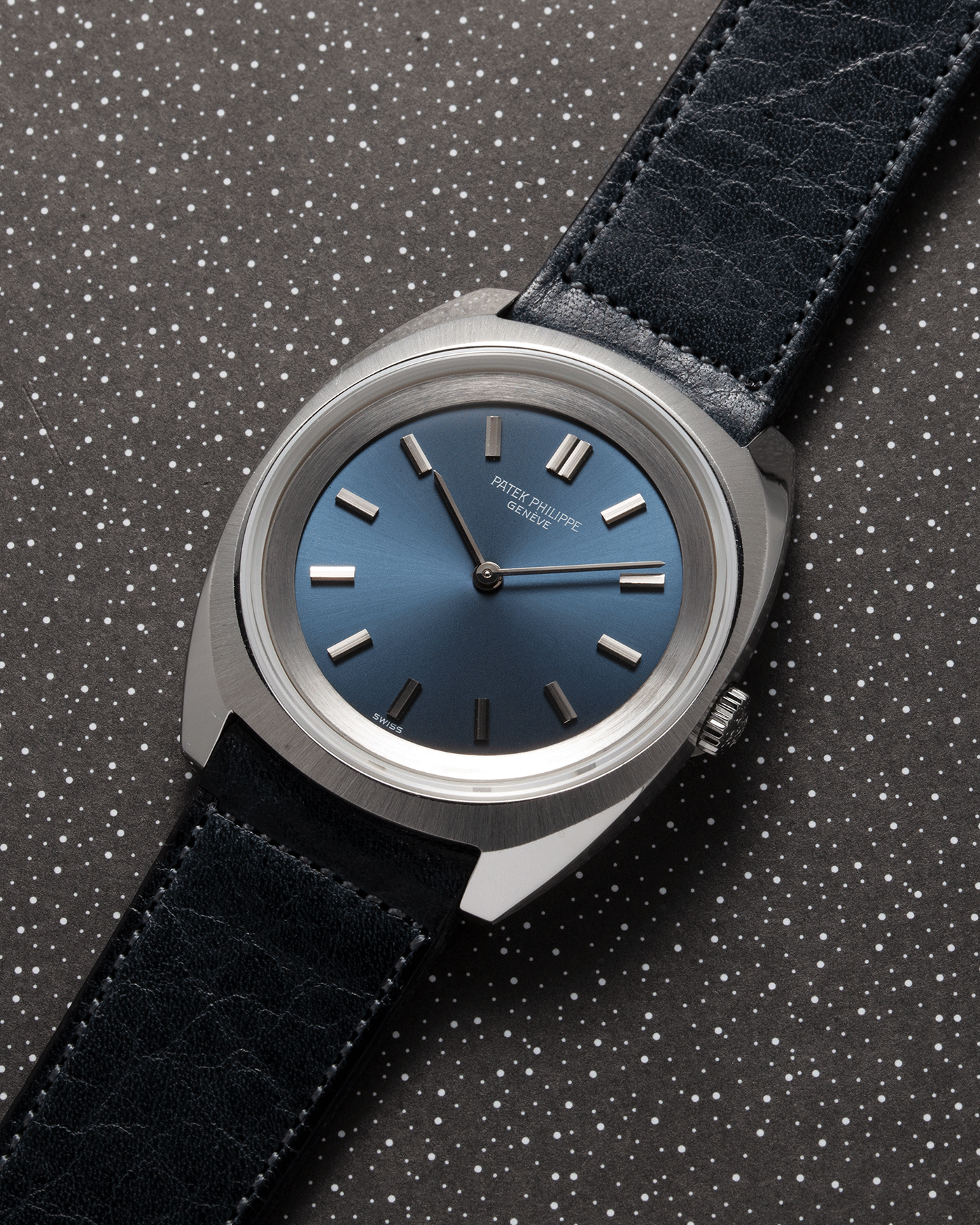 Brand: Patek Philippe Year: 1970s Reference: 3579 Material: Stainless Steel Movement: Cal 23-300 Case Diameter: 33mm Strap: Accurate Form Navy Blue Japanese Calf