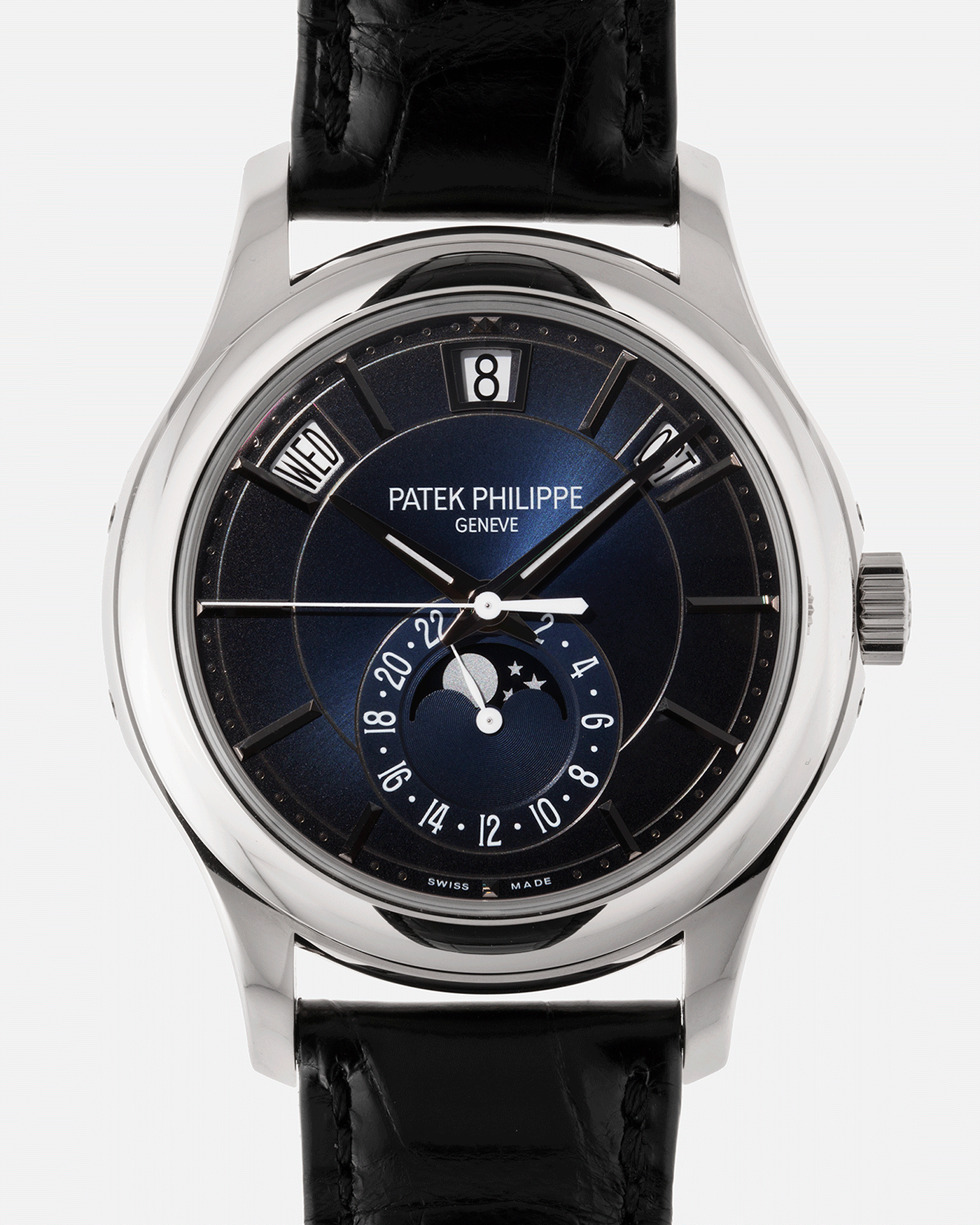 Brand: Patek Philippe Year: 2019 Model: Annual Calendar Reference Number: 5205G Material: 18k White Gold Movement: Cal 324 S QA LU 24H Case Diameter: 40mm Bracelet: Patek Philippe Black Alligator Strap with 18k White Gold Tang Buckle