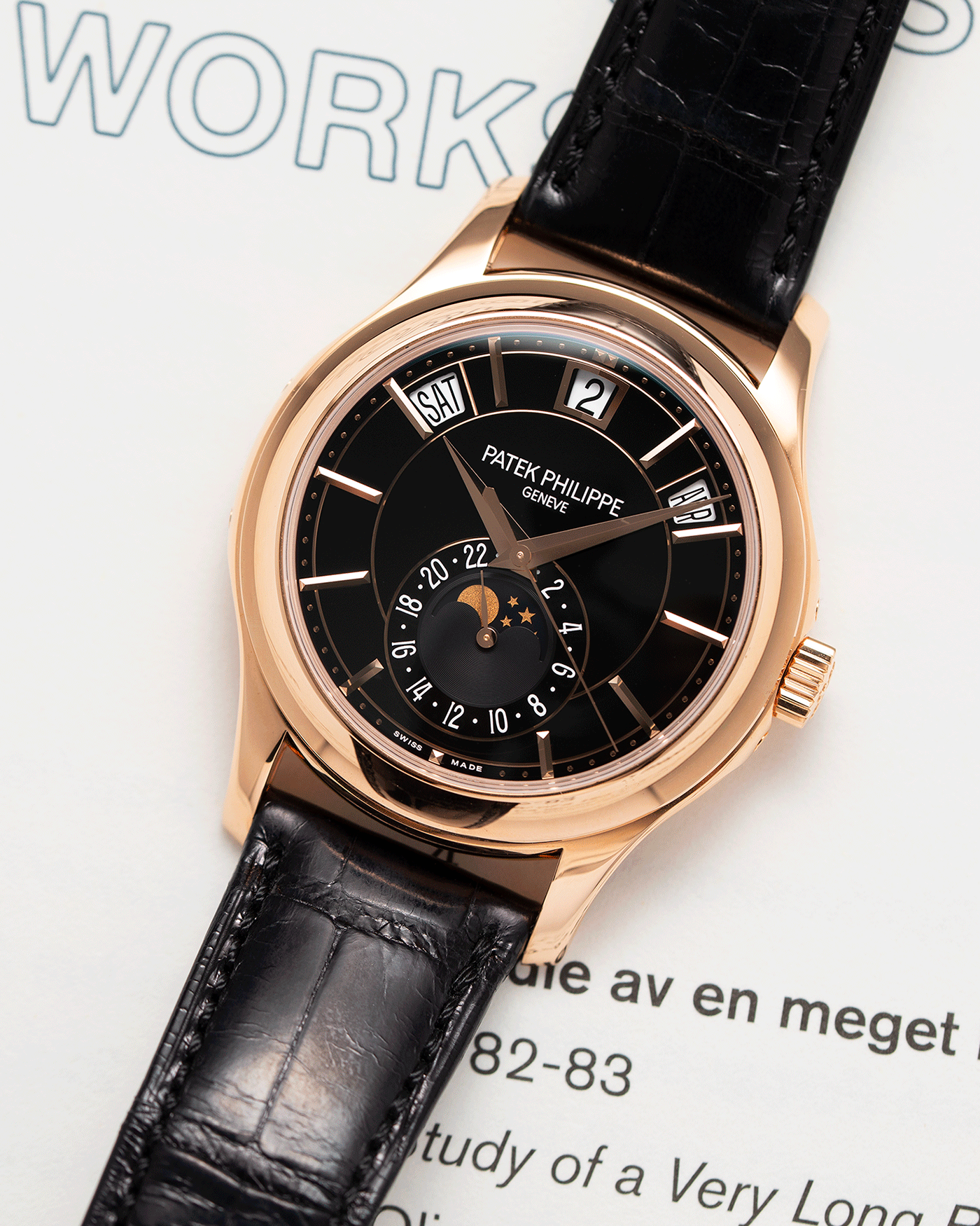 Brand: Patek Philippe Year: 2019 Model: Annual Calendar Reference Number: 5205R Material: 18k Rose Gold Movement: Cal 324 S QA LU 24H Case Diameter: 40mm Bracelet: Nostime Patek Philippe Black Alligator Strap with 18k Rose Gold Tang Buckle