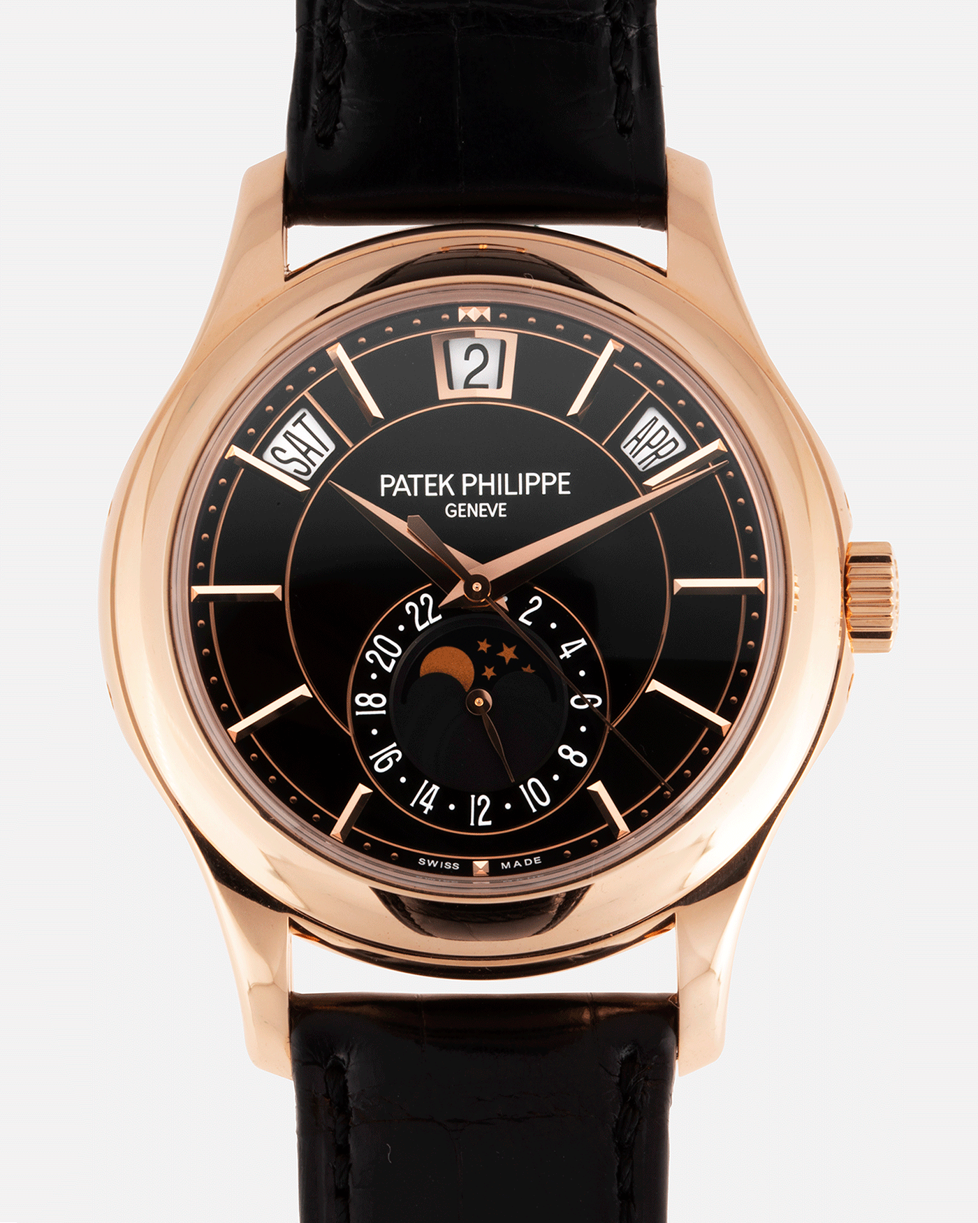 Brand: Patek Philippe Year: 2019 Model: Annual Calendar Reference Number: 5205R Material: 18k Rose Gold Movement: Cal 324 S QA LU 24H Case Diameter: 40mm Bracelet: Nostime Patek Philippe Black Alligator Strap with 18k Rose Gold Tang Buckle