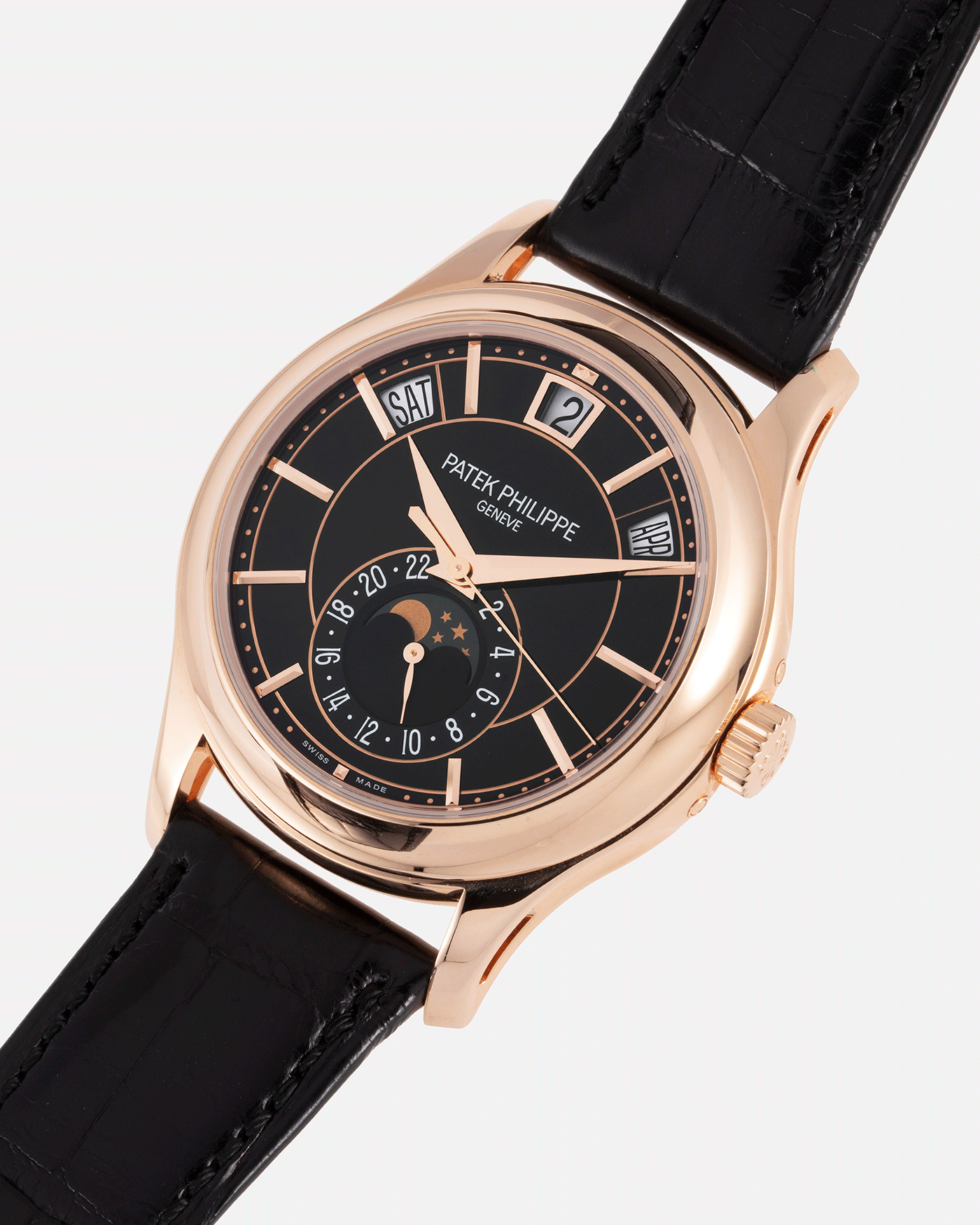 Brand: Patek Philippe Year: 2019 Model: Annual Calendar Reference Number: 5205R Material: 18k Rose Gold Movement: Cal 324 S QA LU 24H Case Diameter: 40mm Bracelet: Nostime Patek Philippe Black Alligator Strap with 18k Rose Gold Tang Buckle