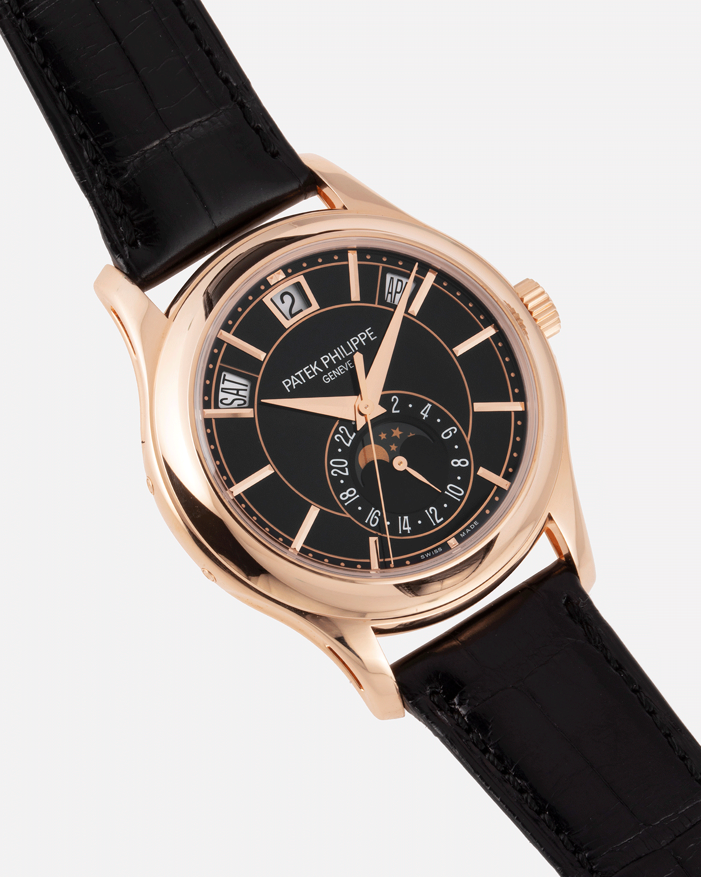 Brand: Patek Philippe Year: 2019 Model: Annual Calendar Reference Number: 5205R Material: 18k Rose Gold Movement: Cal 324 S QA LU 24H Case Diameter: 40mm Bracelet: Nostime Patek Philippe Black Alligator Strap with 18k Rose Gold Tang Buckle