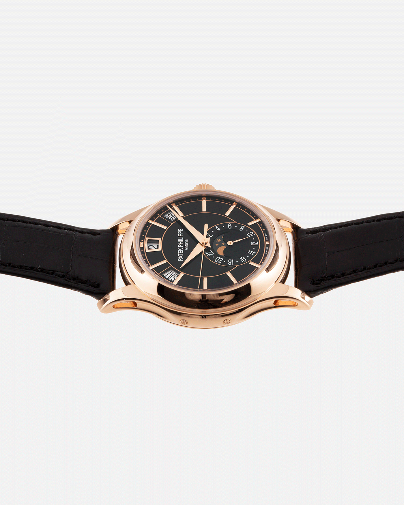 Brand: Patek Philippe Year: 2019 Model: Annual Calendar Reference Number: 5205R Material: 18k Rose Gold Movement: Cal 324 S QA LU 24H Case Diameter: 40mm Bracelet: Nostime Patek Philippe Black Alligator Strap with 18k Rose Gold Tang Buckle
