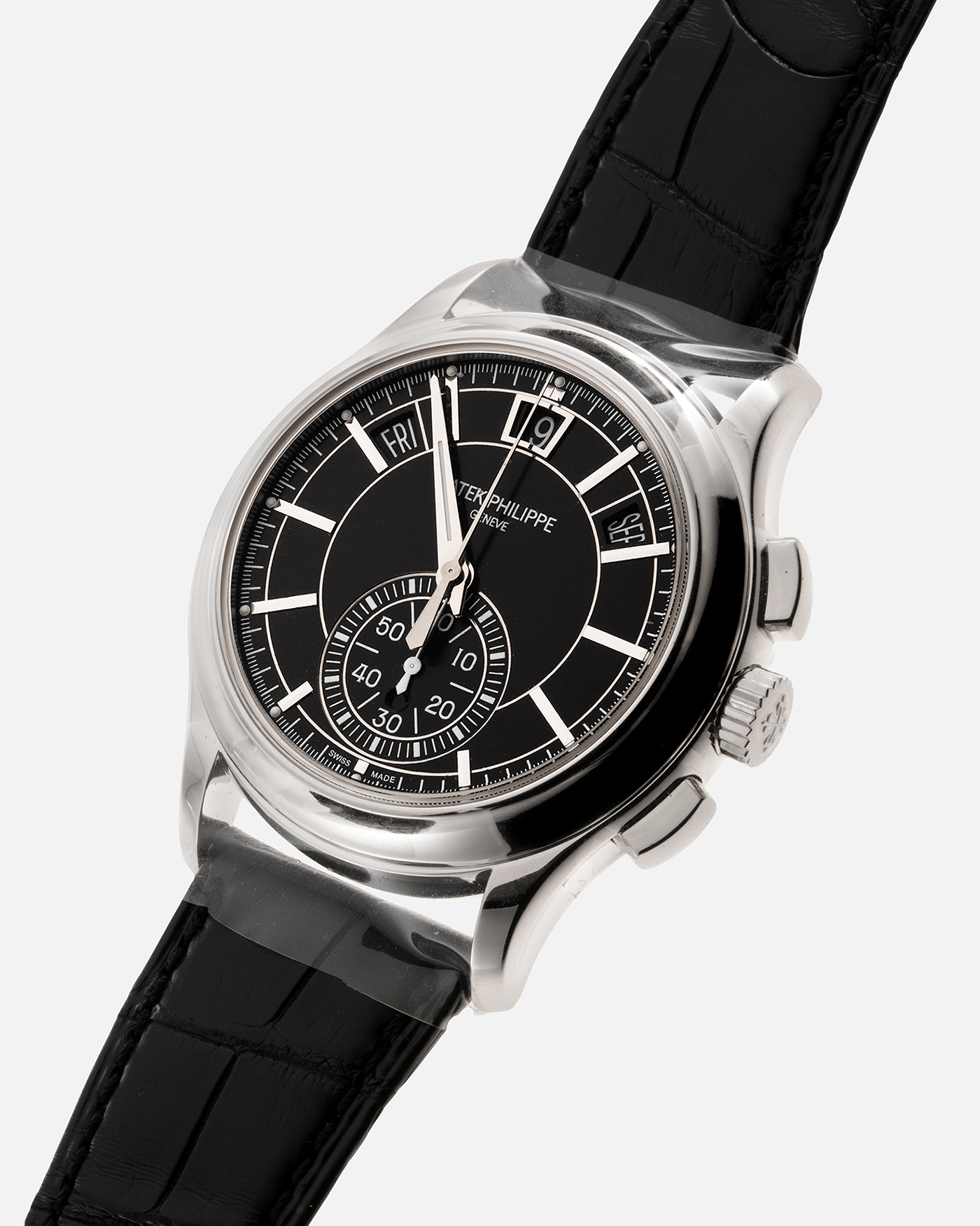 Brand: Patek Philippe Year: 2019 Model: Annual Calendar Chronograph Reference Number: 5905P Material: Platinum Movement: Cal. 28-520 QA 24H Case Diameter: 42mm Bracelet: Patek Philippe Black Alligator Strap with Platinum Signed Tang Buckle