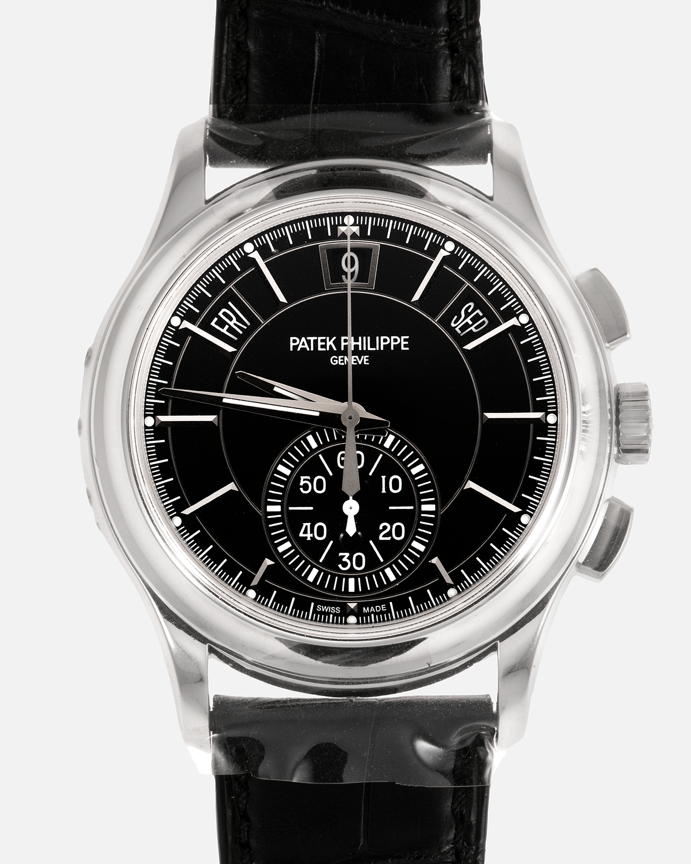 Brand: Patek Philippe Year: 2019 Model: Annual Calendar Chronograph Reference Number: 5905P Material: Platinum Movement: Cal. 28-520 QA 24H Case Diameter: 42mm Bracelet: Patek Philippe Black Alligator Strap with Platinum Signed Tang Buckle