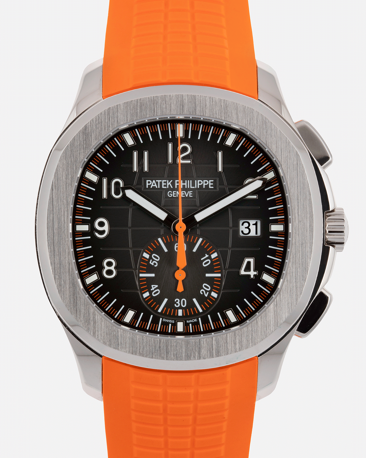 Brand: Patek Philippe Year: 2019 Model: Aquanaut Reference Number: 59689A Material: Stainless Steel Movement: Self Winding Patek Philippe Caliber CH 28-250 C Case Diameter: 42mm Strap: Patek Philippe Aquanaut Orange Rubber Strap and Two Additional Uncut Black and Orange Rubber Straps