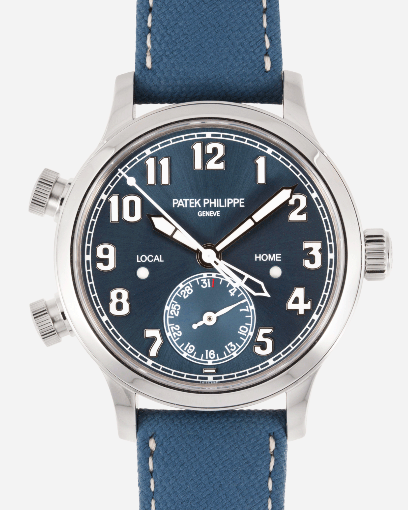 Brand: Patek Philippe Year: 2019 Model: Calatrava Pilot Travel Time Reference: 7234A Material: Stainless Steel Movement: 324 S C FUS Case Diameter: 37.5mm Strap: Patek Philippe Light Blue Cordura Strap