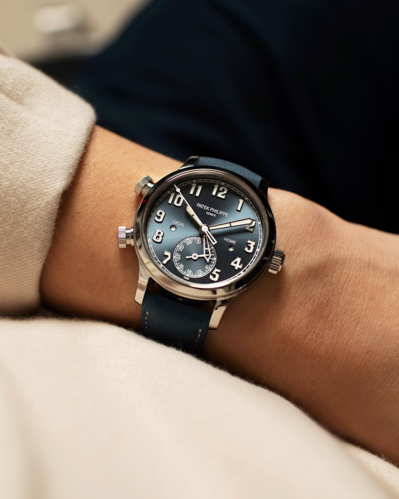 Brand: Patek Philippe Year: 2019 Model: Calatrava Pilot Travel Time Reference: 7234A Material: Stainless Steel Movement: 324 S C FUS Case Diameter: 37.5mm Strap: Patek Philippe Light Blue Cordura Strap