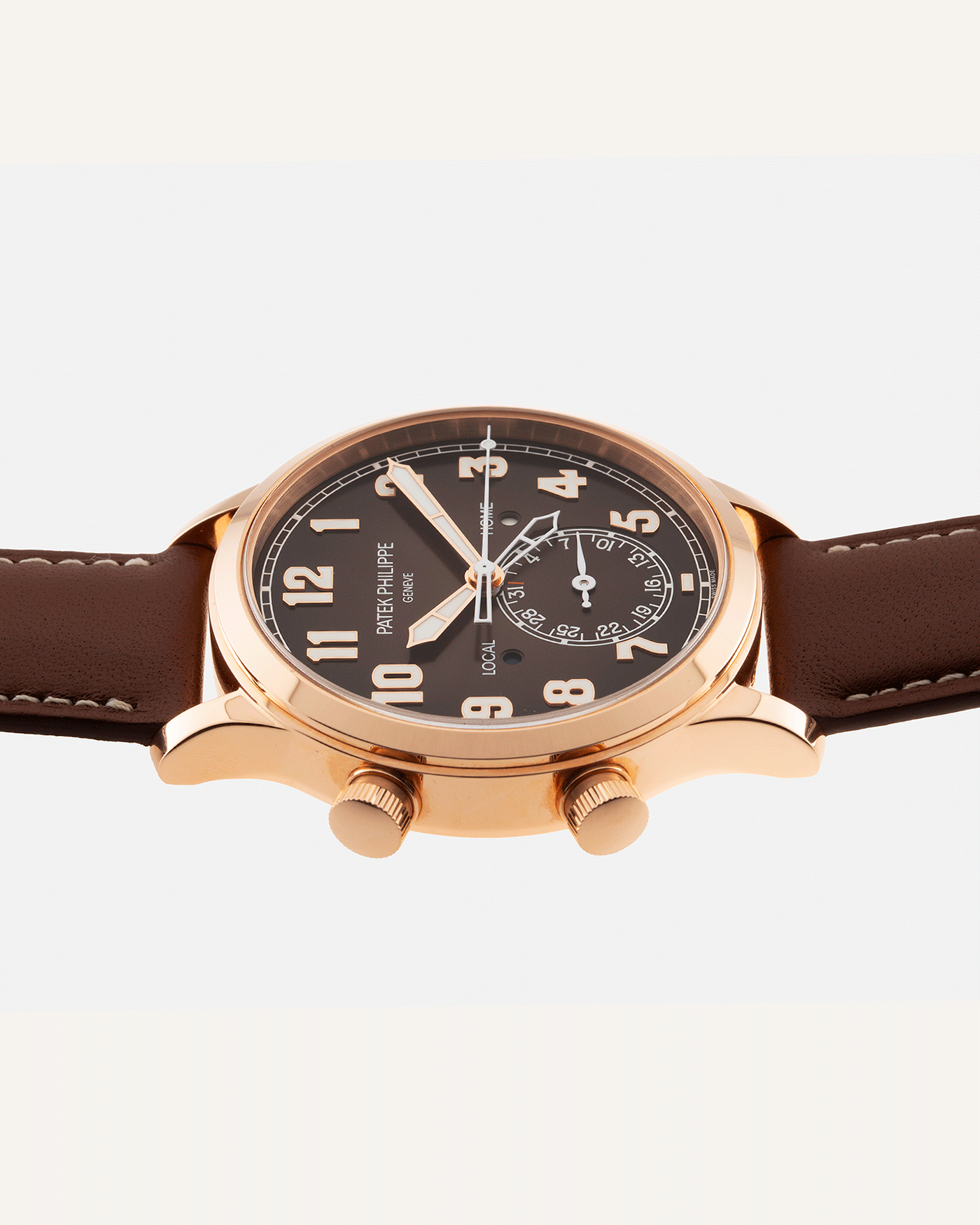 Brand: Patek Philippe Year: 2020 Model: Calatrava Pilot Travel Time Reference: 5524R Material: 18k Rose Gold Movement: 324 S C FUS Case Diameter: 42mm Lug Width: 22mm Strap: Patek Philippe Brown Leather Strap with 18k Rose Gold Buckle