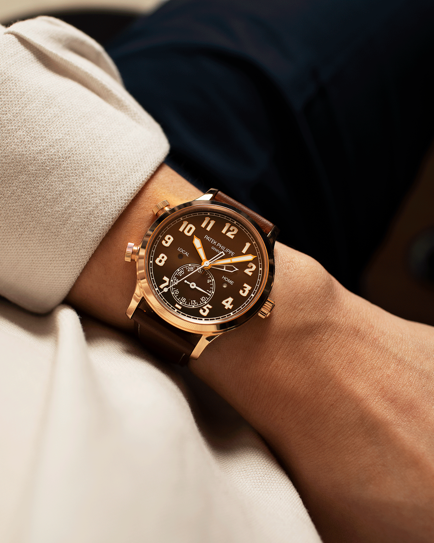 Brand: Patek Philippe Year: 2020 Model: Calatrava Pilot Travel Time Reference: 5524R Material: 18k Rose Gold Movement: 324 S C FUS Case Diameter: 42mm Lug Width: 22mm Strap: Patek Philippe Brown Leather Strap with 18k Rose Gold Buckle