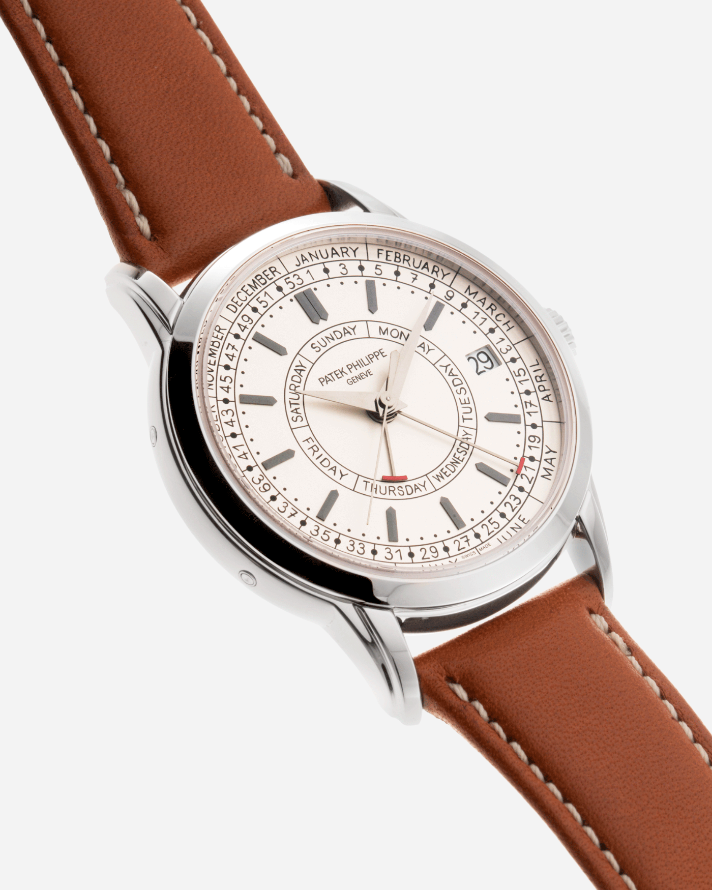 Brand: Patek Philippe Year: 2019 Model: Calatrava Weekly Calendar Reference Number: 5212A Material: Stainless Steel Movement: In-House Caliber 26 330 S C J SE Case Diameter: 40mm Bracelet: Patek Philippe Chestnut Brown Calfskin and Stainless Steel Tang Buckle