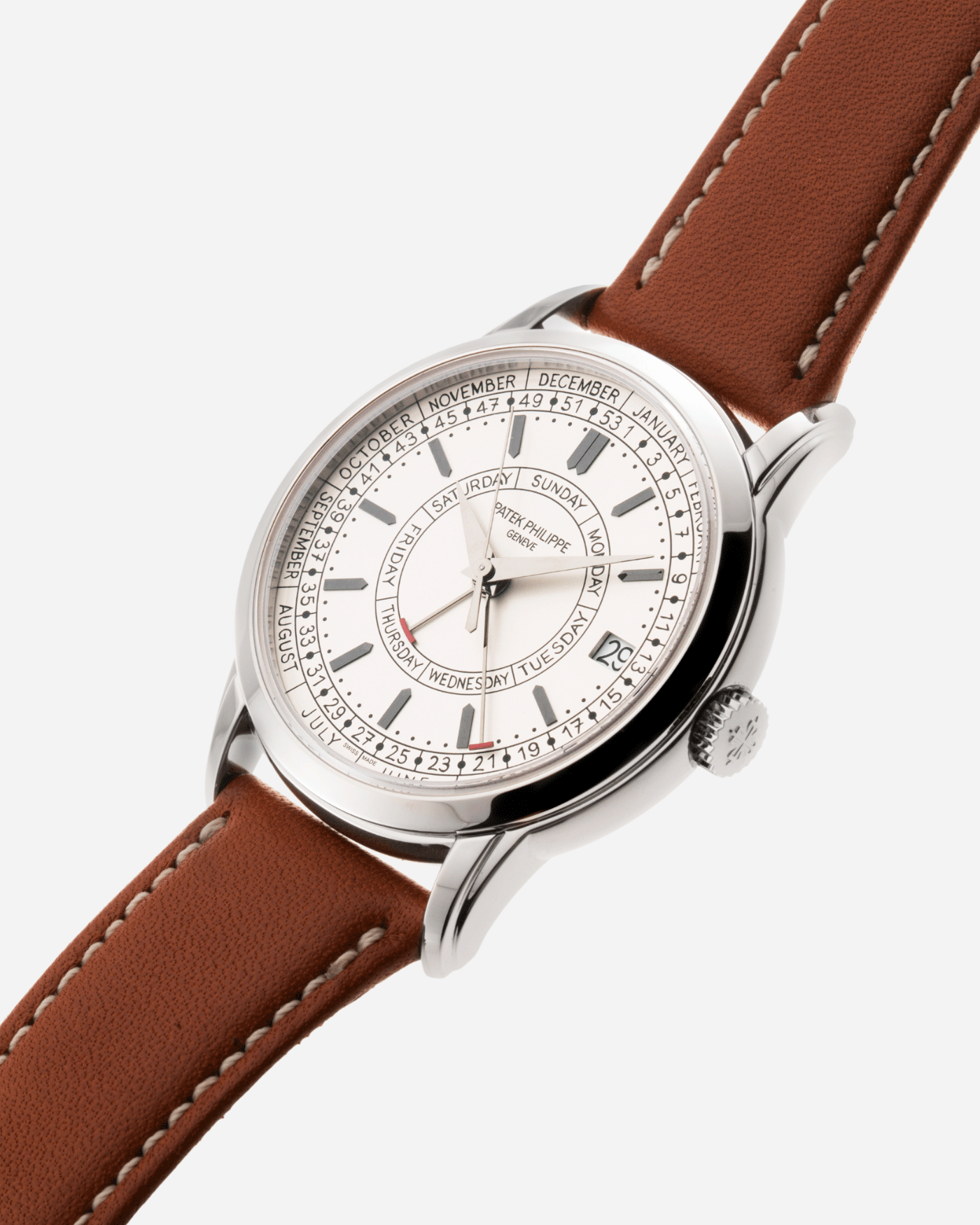 Brand: Patek Philippe Year: 2019 Model: Calatrava Weekly Calendar Reference Number: 5212A Material: Stainless Steel Movement: In-House Caliber 26 330 S C J SE Case Diameter: 40mm Bracelet: Patek Philippe Chestnut Brown Calfskin and Stainless Steel Tang Buckle