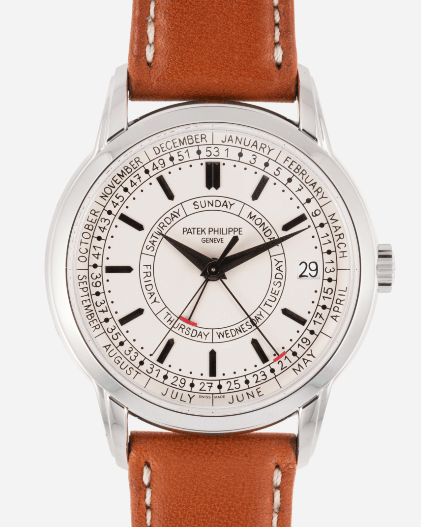 Brand: Patek Philippe Year: 2019 Model: Calatrava Weekly Calendar Reference Number: 5212A Material: Stainless Steel Movement: In-House Caliber 26 330 S C J SE Case Diameter: 40mm Bracelet: Patek Philippe Chestnut Brown Calfskin and Stainless Steel Tang Buckle