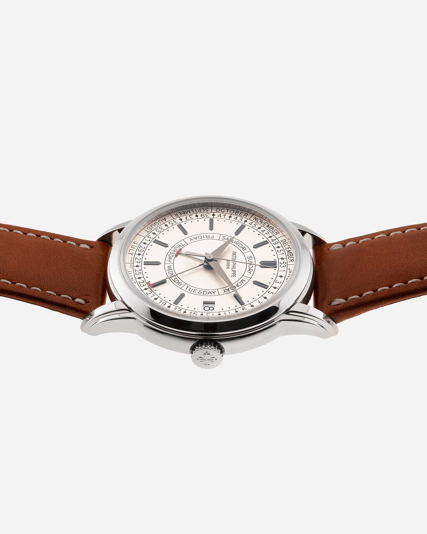 Brand: Patek Philippe Year: 2019 Model: Calatrava Weekly Calendar Reference Number: 5212A Material: Stainless Steel Movement: In-House Caliber 26 330 S C J SE Case Diameter: 40mm Bracelet: Patek Philippe Chestnut Brown Calfskin and Stainless Steel Tang Buckle