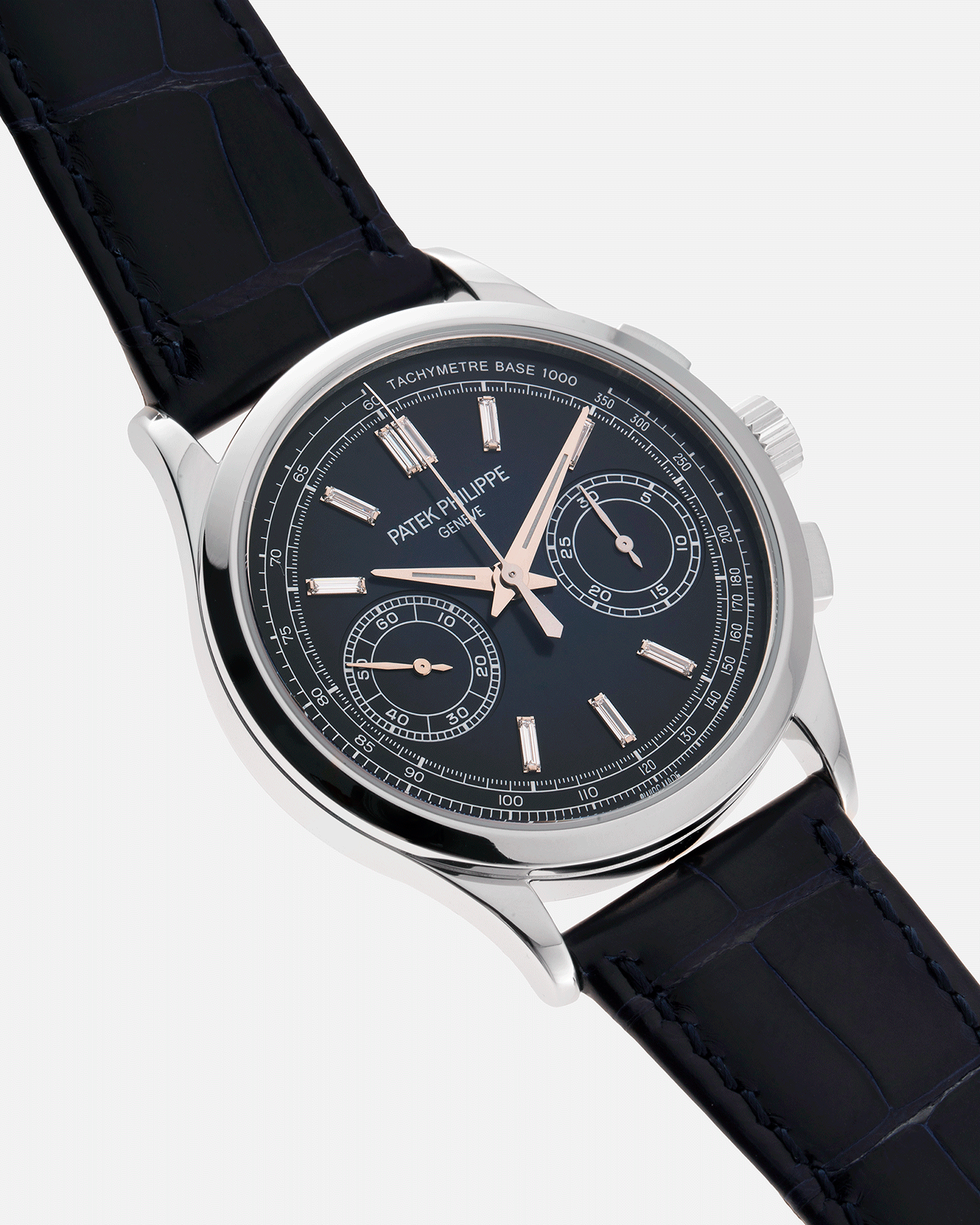Brand: Patek Philippe Year: 2019 Model: Chronograph Reference Number: 5170P Material: Platinum Movement: In-House Caliber CH 29-535 PS Case Diameter: 39.4mm Bracelet: Nostime Patek Philippe Blue Alligator Strap with Platinum Deployant Clasp