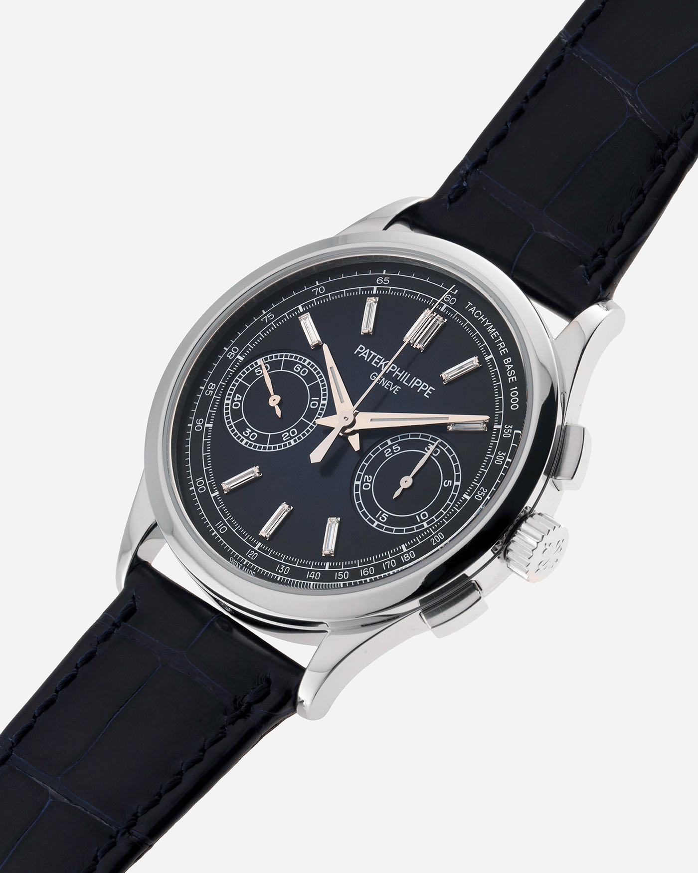 Brand: Patek Philippe Year: 2019 Model: Chronograph Reference Number: 5170P Material: Platinum Movement: In-House Caliber CH 29-535 PS Case Diameter: 39.4mm Bracelet: Nostime Patek Philippe Blue Alligator Strap with Platinum Deployant Clasp