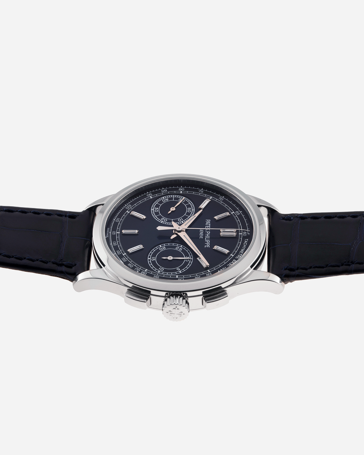 Brand: Patek Philippe Year: 2019 Model: Chronograph Reference Number: 5170P Material: Platinum Movement: In-House Caliber CH 29-535 PS Case Diameter: 39.4mm Bracelet: Nostime Patek Philippe Blue Alligator Strap with Platinum Deployant Clasp