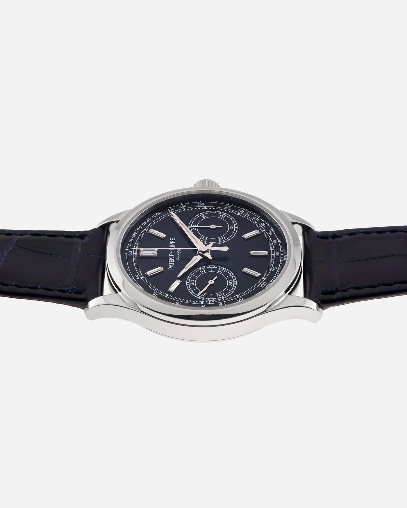 Brand: Patek Philippe Year: 2019 Model: Chronograph Reference Number: 5170P Material: Platinum Movement: In-House Caliber CH 29-535 PS Case Diameter: 39.4mm Bracelet: Nostime Patek Philippe Blue Alligator Strap with Platinum Deployant Clasp