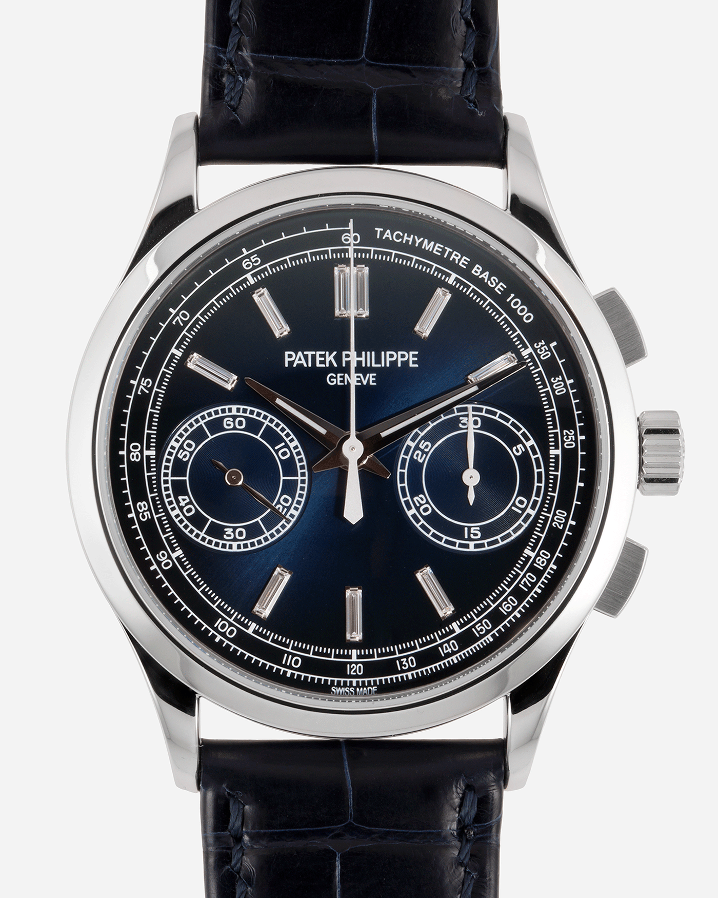 Brand: Patek Philippe Year: 2019 Model: Chronograph Reference Number: 5170P Material: Platinum Movement: In-House Caliber CH 29-535 PS Case Diameter: 39.4mm Bracelet: Nostime Patek Philippe Blue Alligator Strap with Platinum Deployant Clasp