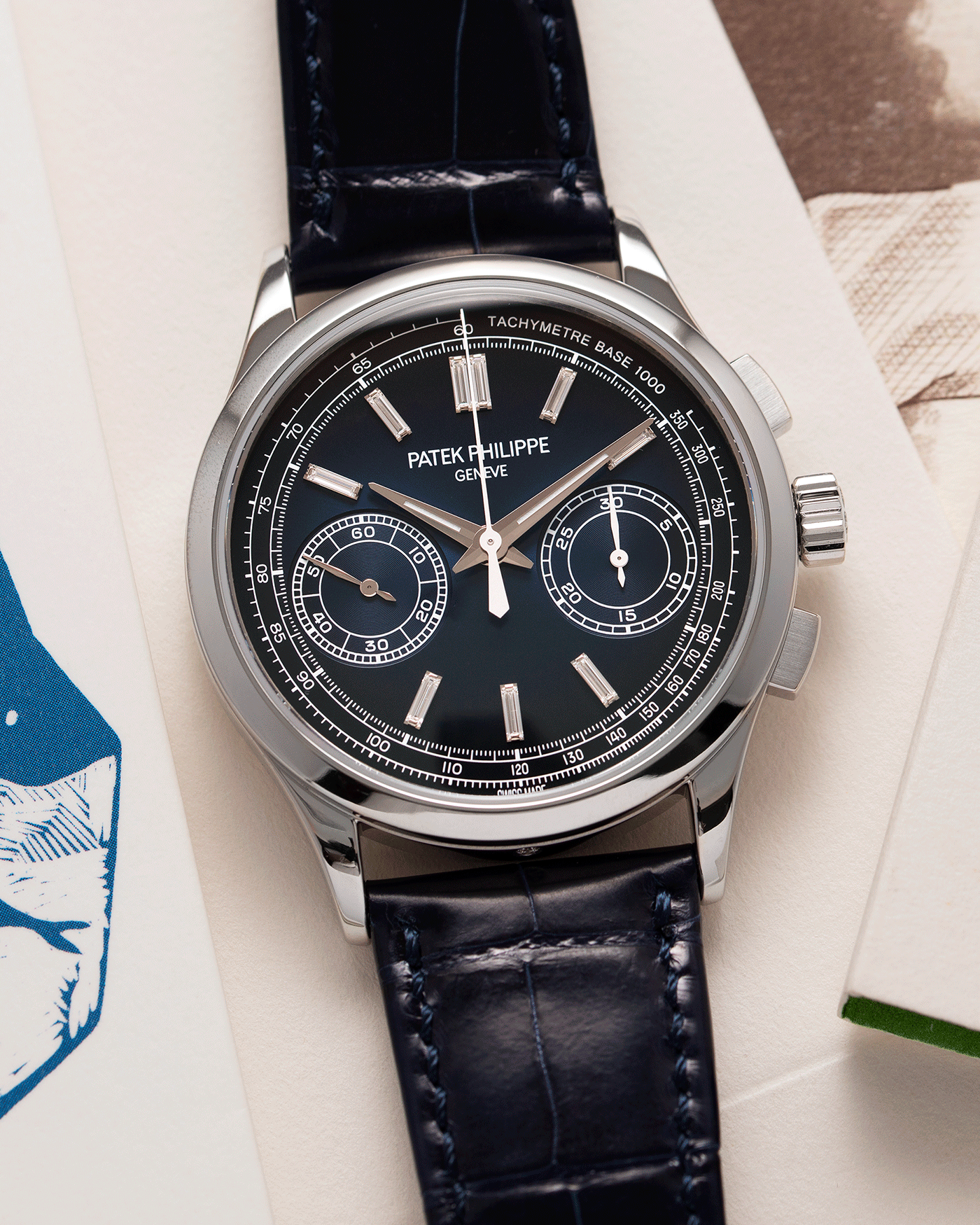 Brand: Patek Philippe Year: 2019 Model: Chronograph Reference Number: 5170P Material: Platinum Movement: In-House Caliber CH 29-535 PS Case Diameter: 39.4mm Bracelet: Nostime Patek Philippe Blue Alligator Strap with Platinum Deployant Clasp