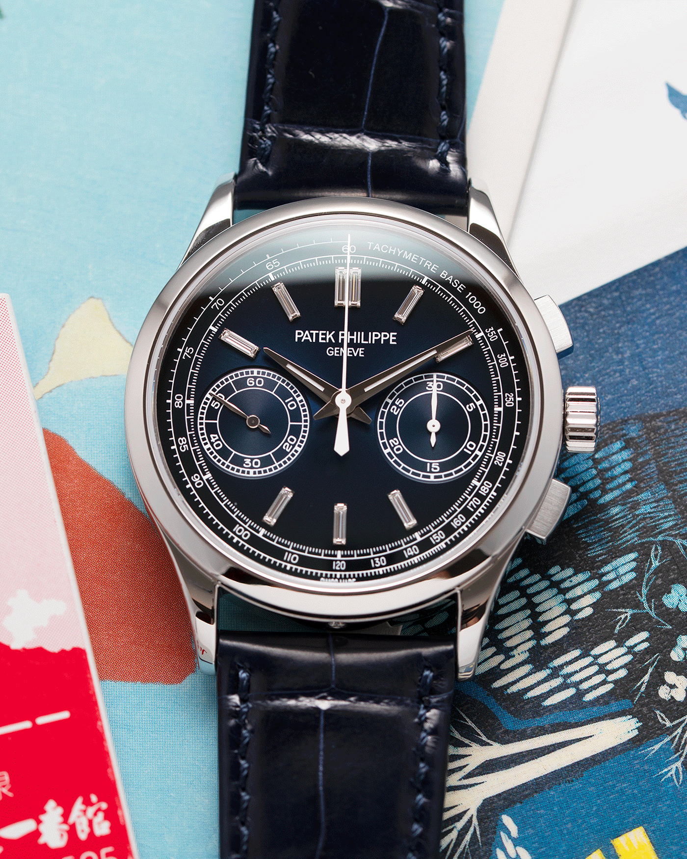 Brand: Patek Philippe Year: 2019 Model: Chronograph Reference Number: 5170P Material: Platinum Movement: In-House Caliber CH 29-535 PS Case Diameter: 39.4mm Bracelet: Nostime Patek Philippe Blue Alligator Strap with Platinum Deployant Clasp