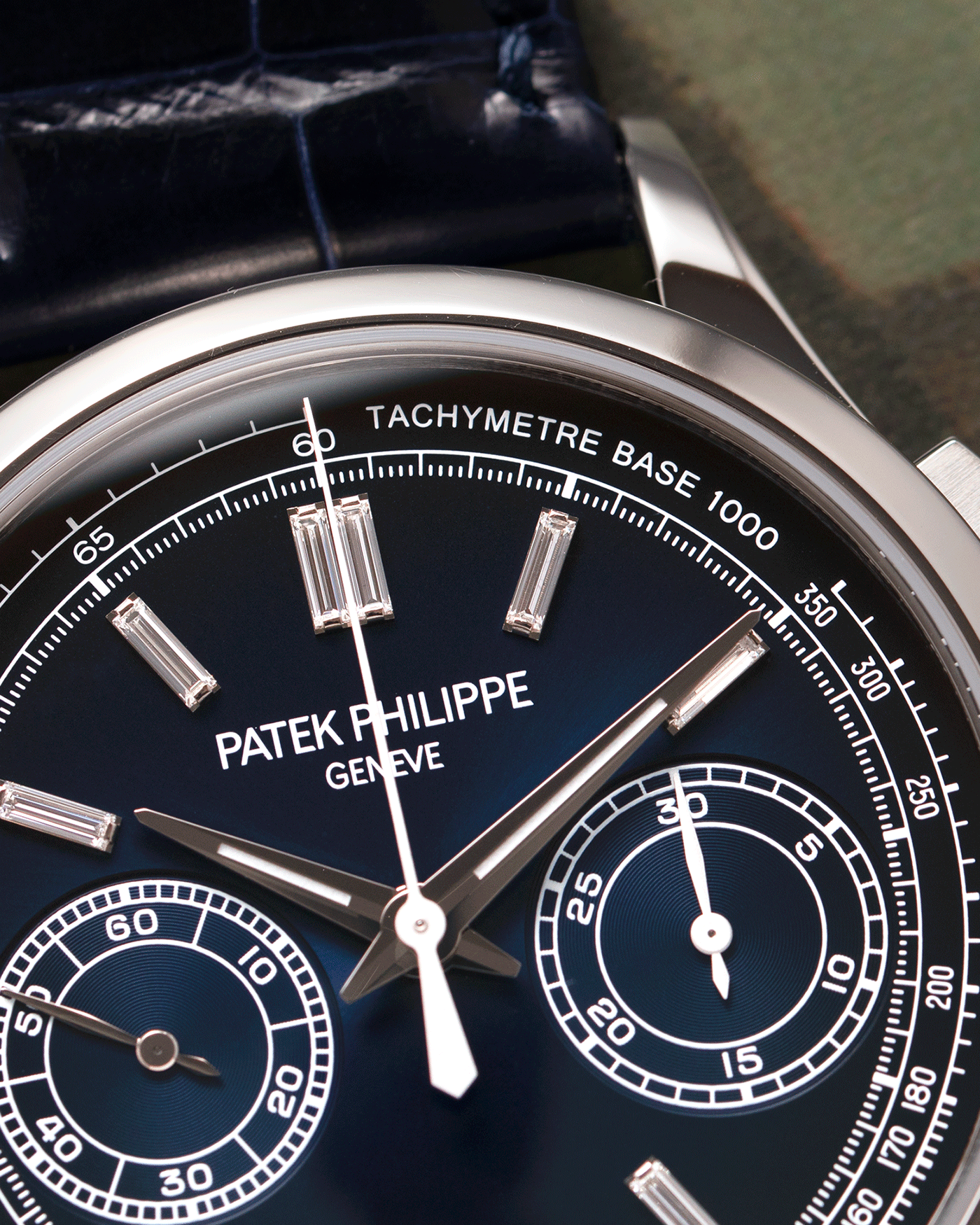 Brand: Patek Philippe Year: 2019 Model: Chronograph Reference Number: 5170P Material: Platinum Movement: In-House Caliber CH 29-535 PS Case Diameter: 39.4mm Bracelet: Nostime Patek Philippe Blue Alligator Strap with Platinum Deployant Clasp