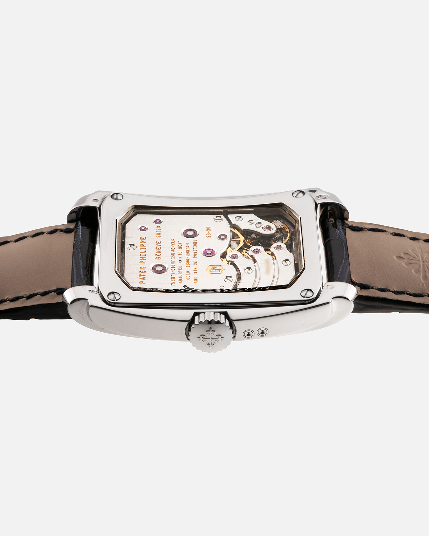 Brand: Patek Philippe Year: 2018 Model: Gondolo 8 Days  Reference Number: 5200G Material: 18k White Gold  Movement: Cal 28-20 REC 8J PS IRM C J Case Diameter: 40mm Bracelet: Patek Philippe Blue Alligator Strap with 18k White Gold Tang Buckle