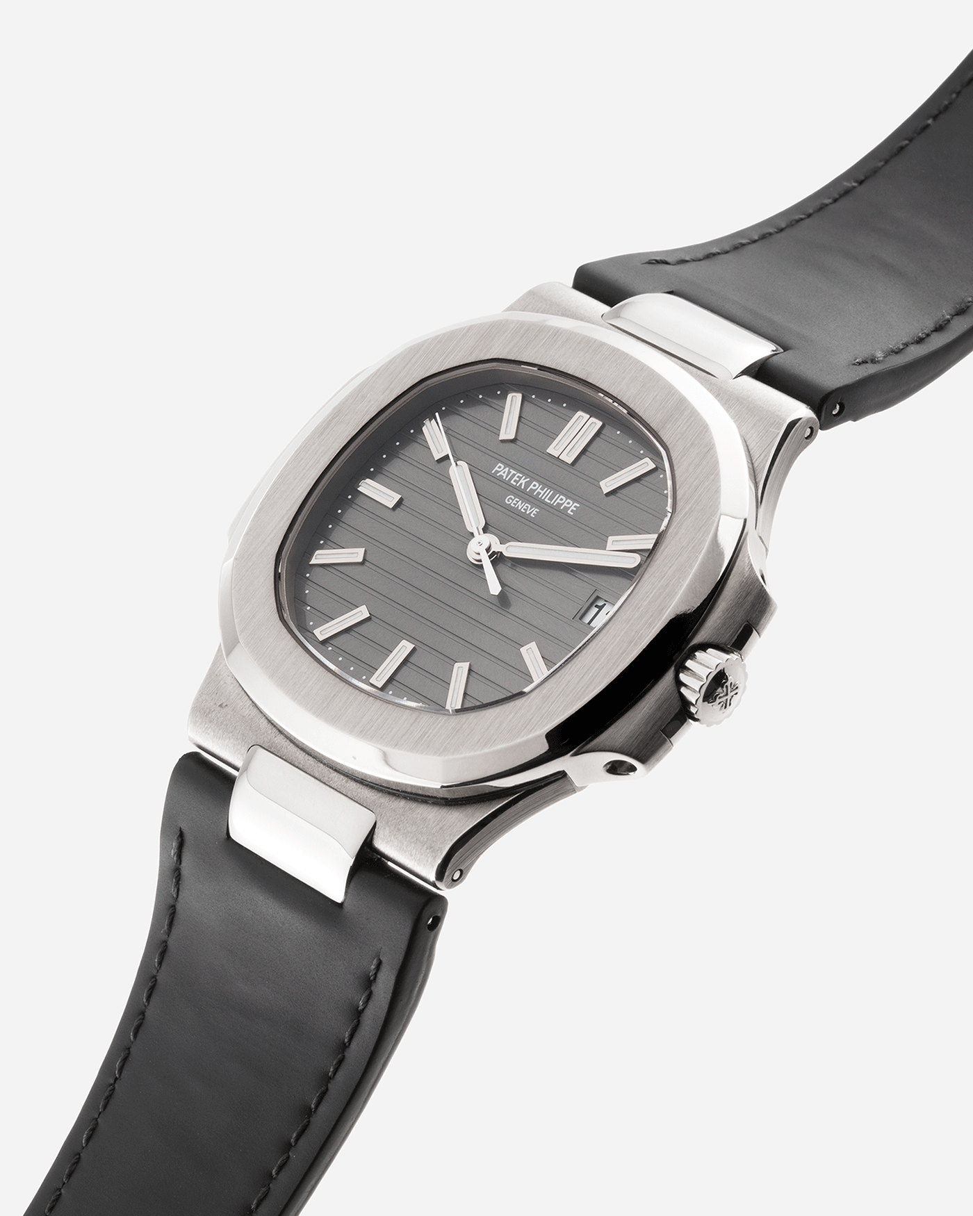 Brand: Patek Philippe Year: 2008 Model: Nautilus Reference Number: 5711G Material:18k White Gold Movement: Calibre 324SC Case Diameter: 40mm Bracelet: Patek Philippe Grey Leather Strap with 18k White Gold Nautilus Deployant