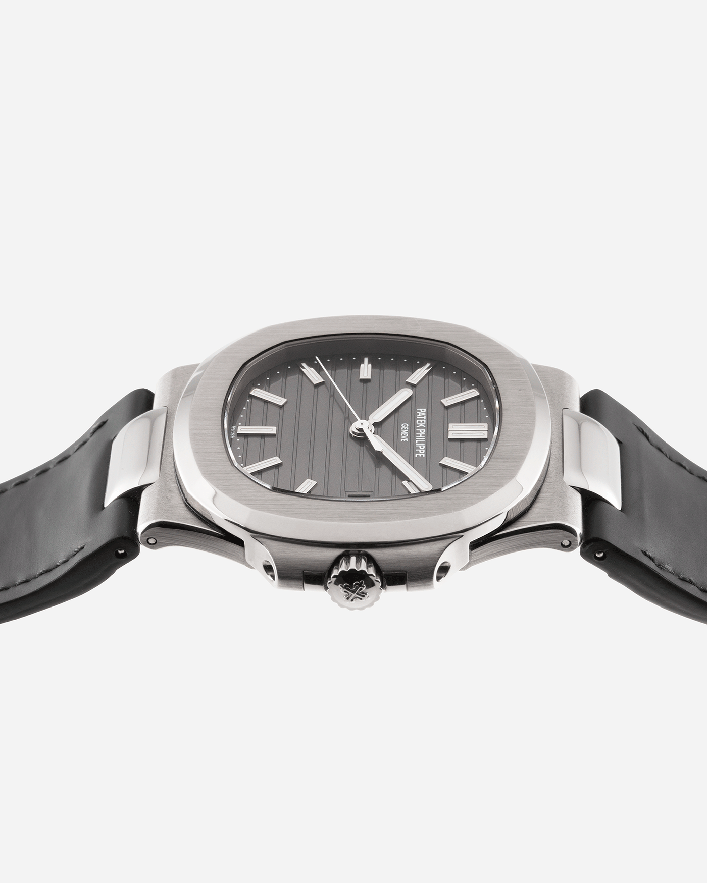 Brand: Patek Philippe Year: 2008 Model: Nautilus Reference Number: 5711G Material:18k White Gold Movement: Calibre 324SC Case Diameter: 40mm Bracelet: Patek Philippe Grey Leather Strap with 18k White Gold Nautilus Deployant