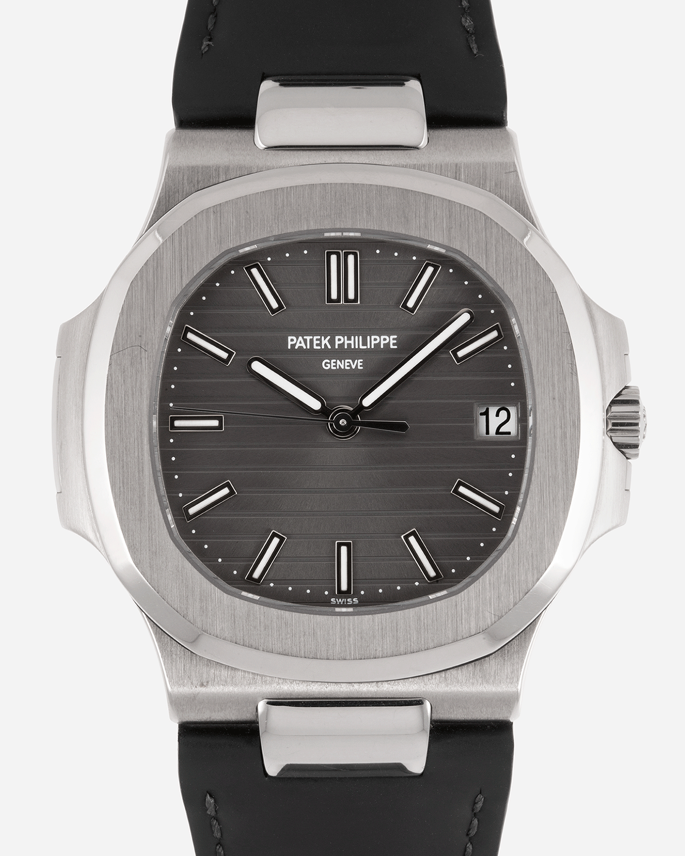 Brand: Patek Philippe Year: 2008 Model: Nautilus Reference Number: 5711G Material:18k White Gold Movement: Calibre 324SC Case Diameter: 40mm Bracelet: Patek Philippe Grey Leather Strap with 18k White Gold Nautilus Deployant