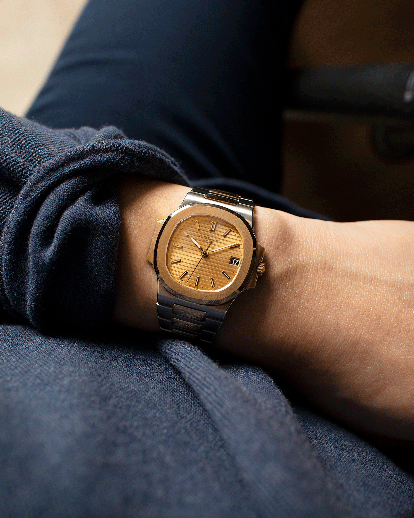 Brand: Patek Philippe Year: 1980’s Model: Nautilus Reference Number: 3800 Material: Stainless Steel and 18k Yellow Gold Movement: Calibre 335 SC Case Diameter: 38mm Bracelet: Patek Philippe Integrated Stainless Steel and 18k Yellow Gold Bracelet