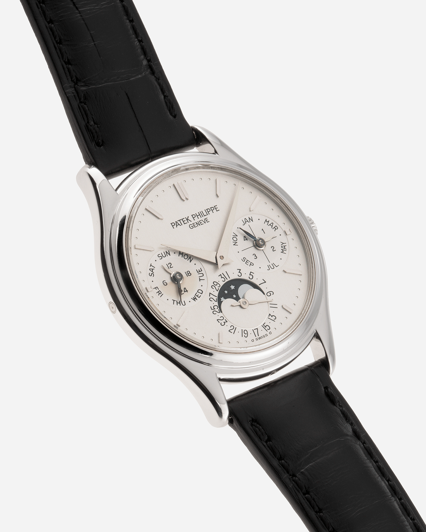 Brand: Patek Philippe Year: 1990’s Model: Perpetual Calendar Reference Number: 3940P Material: Platinum Movement: Cal 240Q Case Diameter: 36mm Bracelet: Patek Philippe Black Alligator Strap with Platinum Deployant Clasp
