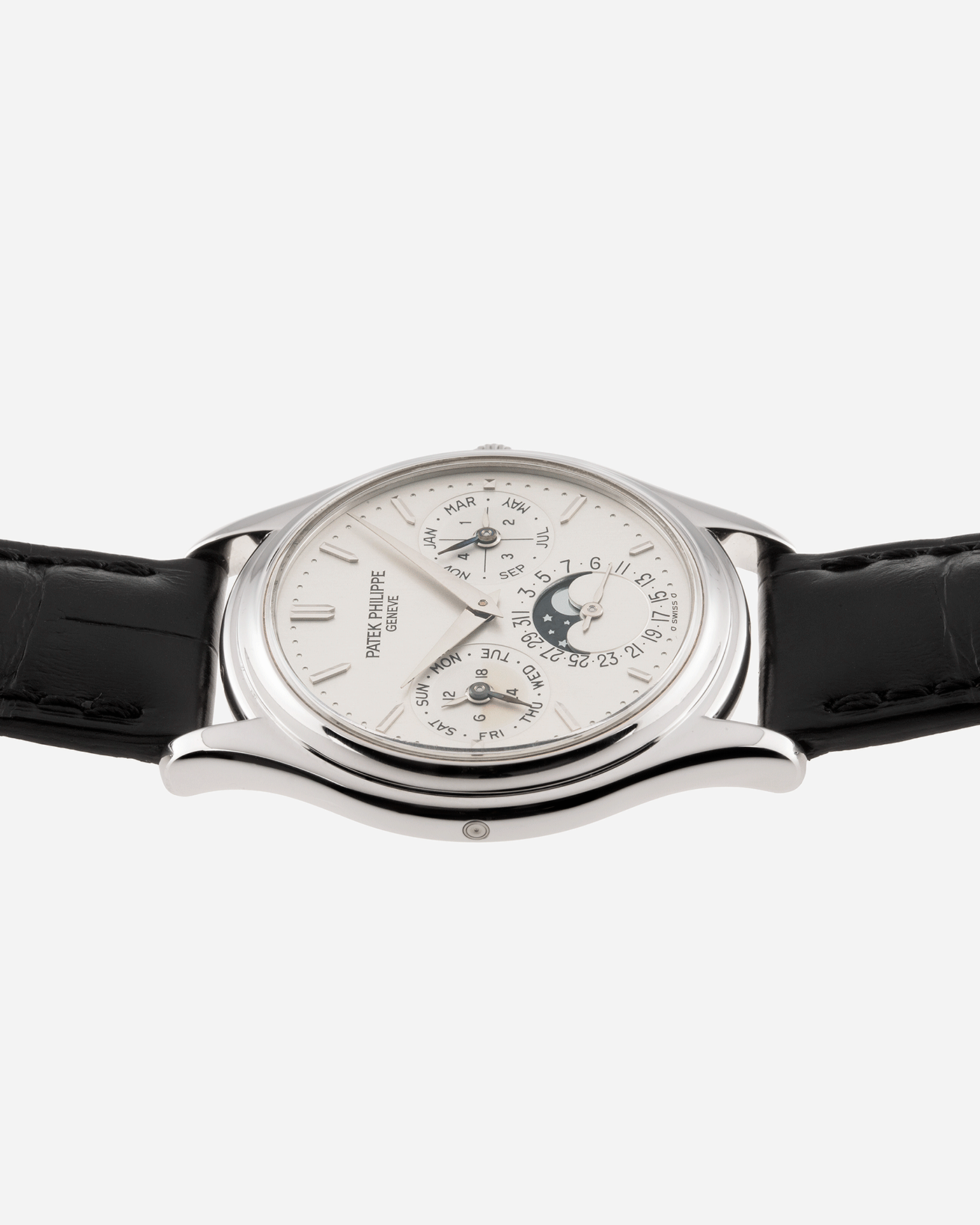 Brand: Patek Philippe Year: 1990’s Model: Perpetual Calendar Reference Number: 3940P Material: Platinum Movement: Cal 240Q Case Diameter: 36mm Bracelet: Patek Philippe Black Alligator Strap with Platinum Deployant Clasp