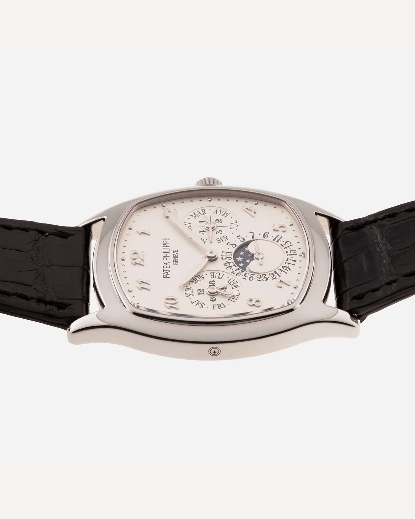 Brand: Patek Philippe Year: 2018 Model: Perpetual Calendar Reference Number: 5940G Material: White Gold Movement: Cal 240Q Case Diameter: 37mm Bracelet: Patek Philippe Black Alligator Strap with White Gold Tang BuckleBrand: Patek Philippe Year: 2018 Model: Perpetual Calendar Reference Number: 5940G Material: White Gold Movement: Cal 240Q Case Diameter: 37mm Bracelet: Patek Philippe Black Alligator Strap with White Gold Tang Buckle