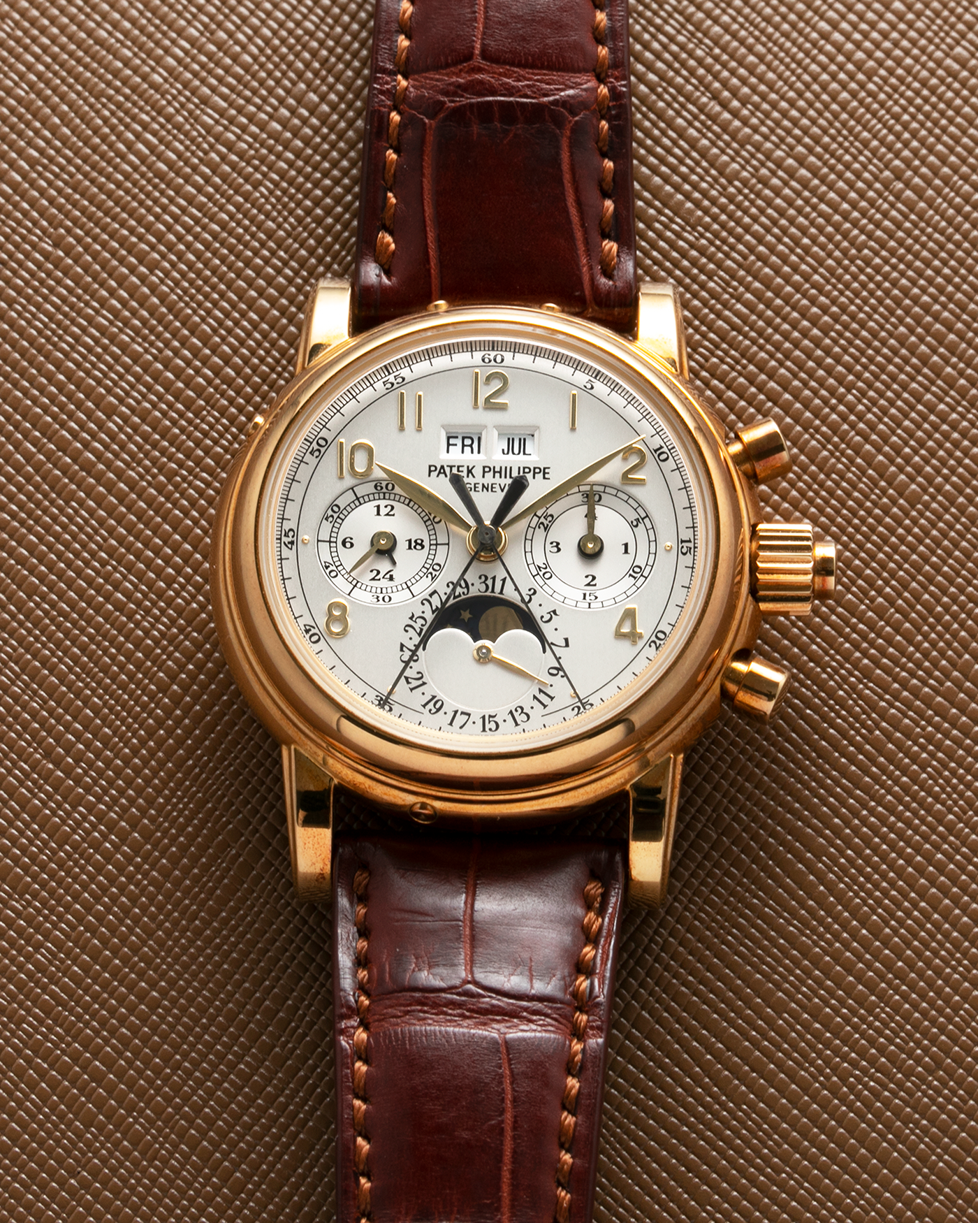 Brand: Patek Philippe  Year: Early 2000’s Model: Ref. 5004J Perpetual Calendar Split Seconds Chronograph Material: 18-carat Yellow Gold Movement: In-house Patek Philippe Cal. CHR27-70Q, Manual-Winding  Case Diameter: 36mm Bracelet/Strap: Patek Philippe Brown Alligator Strap with 18-carat Yellow Gold Signed Deployant Clasp