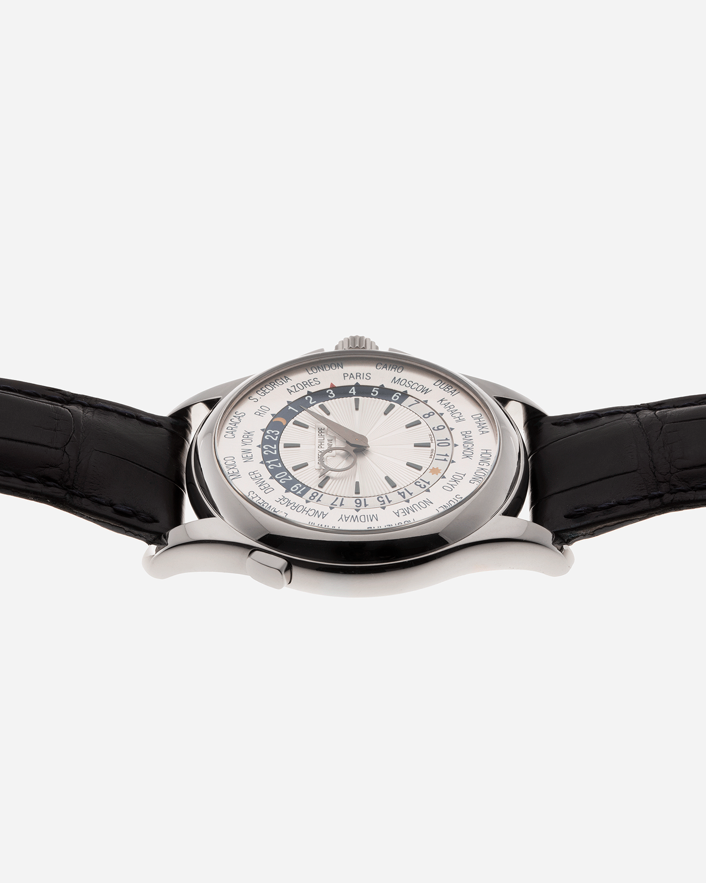 Brand: Patek Philippe Year: 2011 Model: World Time Reference Number: 5130G Material: 18k White Gold Movement: Cal 240 HU Case Diameter: 39.5mm Bracelet: Patek Philippe Black Alligator Strap with 18k White Gold Calatrava Deployant Clasp