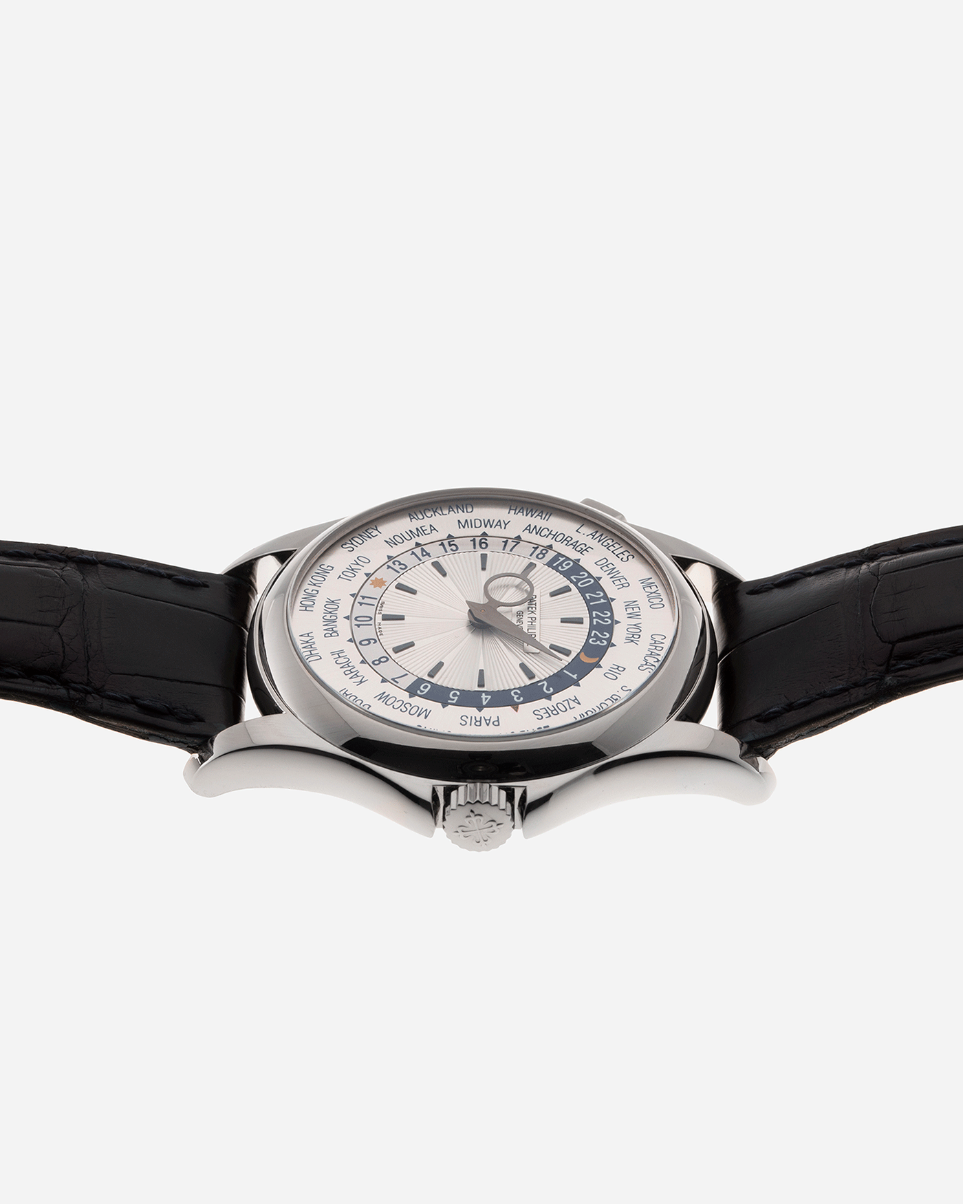 Brand: Patek Philippe Year: 2011 Model: World Time Reference Number: 5130G Material: 18k White Gold Movement: Cal 240 HU Case Diameter: 39.5mm Bracelet: Patek Philippe Black Alligator Strap with 18k White Gold Calatrava Deployant Clasp