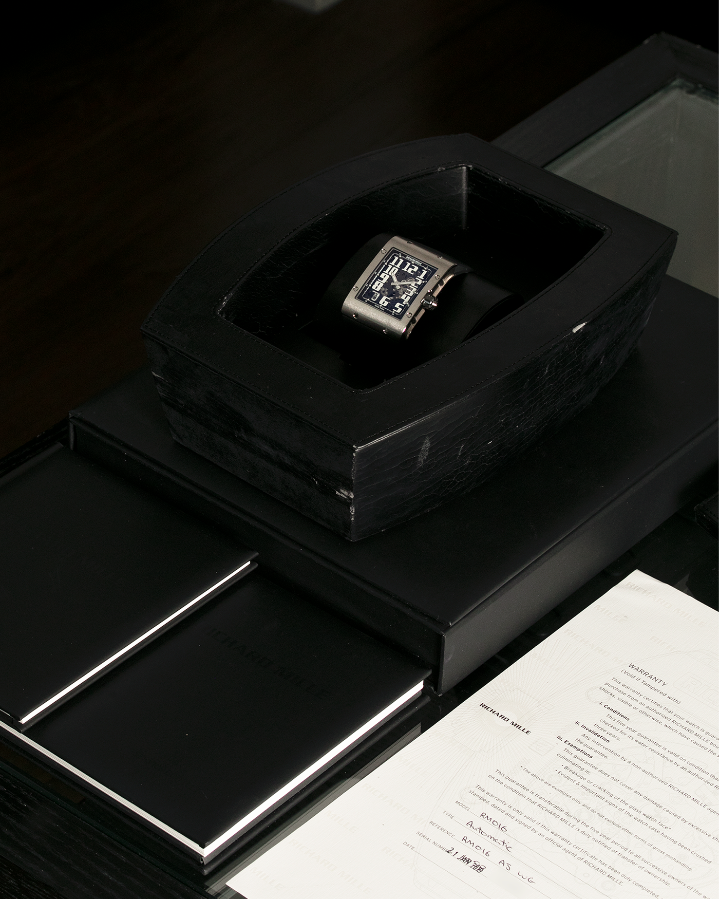 Brand: Richard Mille Year: 2019 Model: RM016-AJ WG Material: 18-carat White Gold Movement: Cal. RMAS7, Self-Winding Case Diameter: 49.8mm x 38mm Bracelet/Strap: Richard Mille Original Black Rubber Strap with Signed Titanium Deployant Clasp