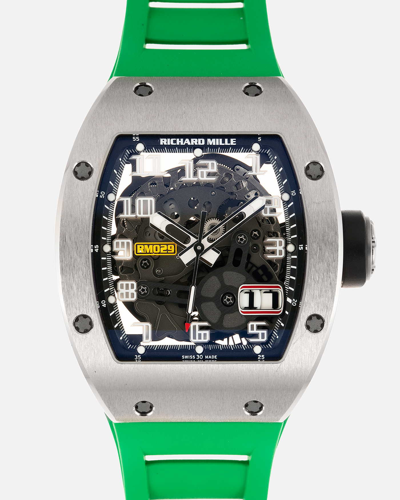 Brand: Richard Mille Year: 2014 Model: RM029 Material: White Gold Movement: Cal. RMAS7 Case Diameter: 39.70mm X 48mm  Bracelet: Richard Mille Green Rubber Strap, White Rubber Strap, and Black Rubber Strap