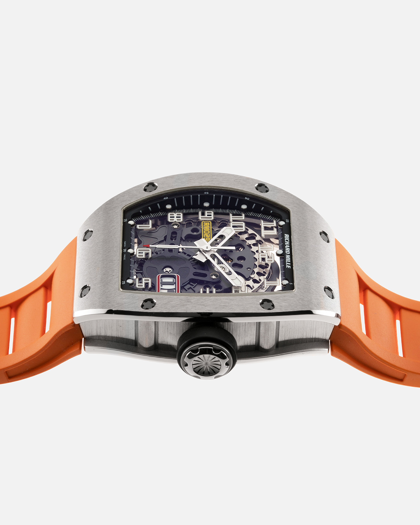 Brand: Richard Mille Year: 2014 Model: RM029 Material: White Gold Movement: Cal. RMAS7 Case Diameter: 39.70mm X 48mm  Bracelet: Richard Mille Orange Rubber Strap, Grey Rubber Strap and Black Rubber Strap