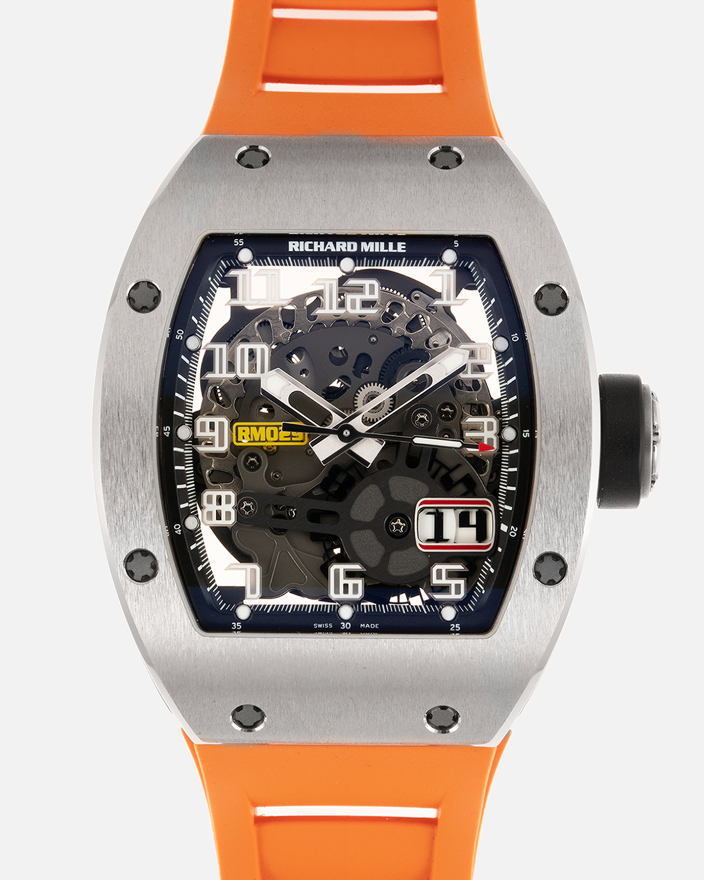 Brand: Richard Mille Year: 2014 Model: RM029 Material: White Gold Movement: Cal. RMAS7 Case Diameter: 39.70mm X 48mm  Bracelet: Richard Mille Orange Rubber Strap, Grey Rubber Strap and Black Rubber Strap