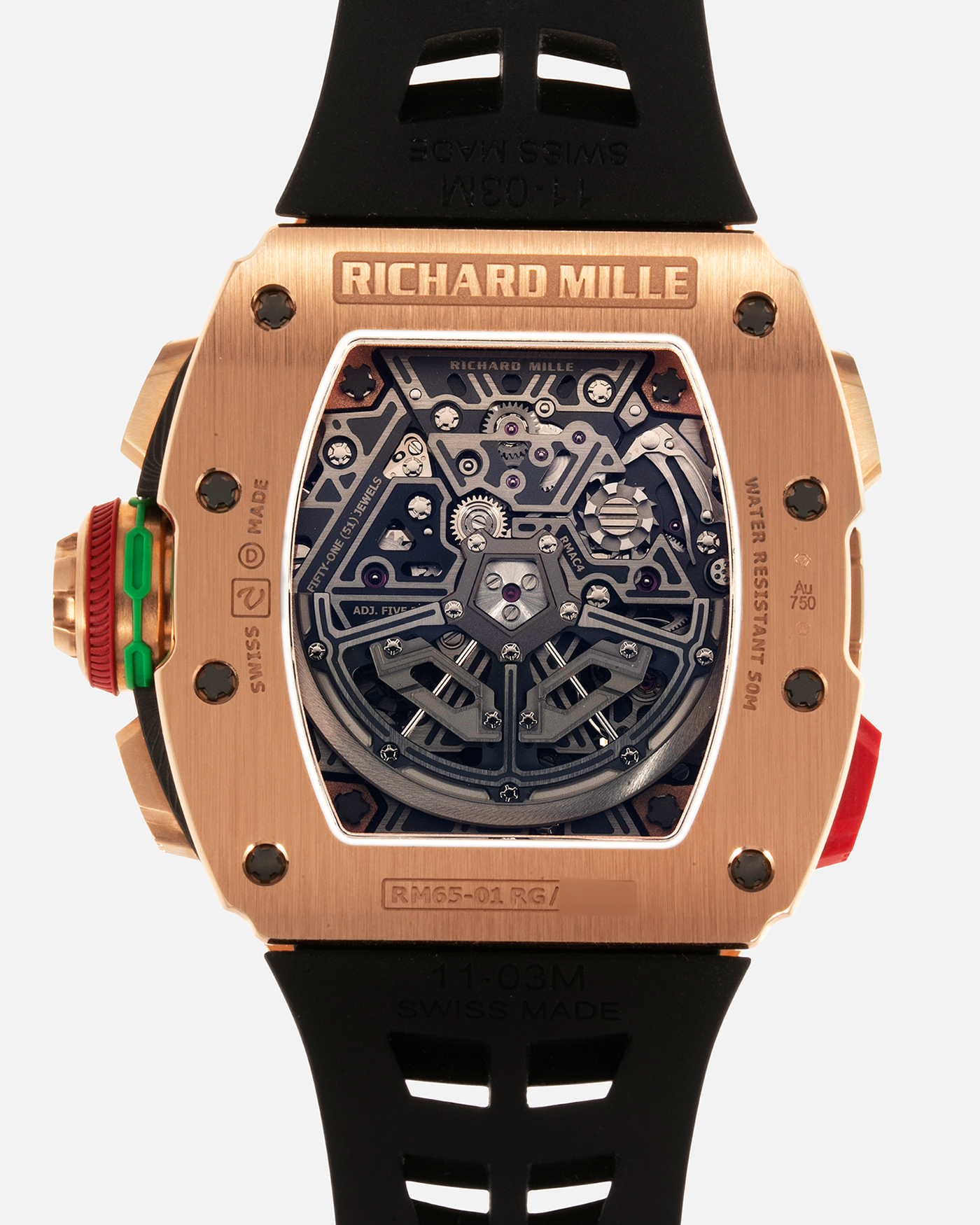 Brand: Richard Mille Year: 2022 Model: RM65-01 Material: 18-carat Rose Gold Movement: Cal. RMAC4, Self-Winding Case Diameter: 44mm x 49.9mm Bracelet: Richard Mille Black Rubber Strap with Signed 18-carat Rose Gold Deployant Clasp