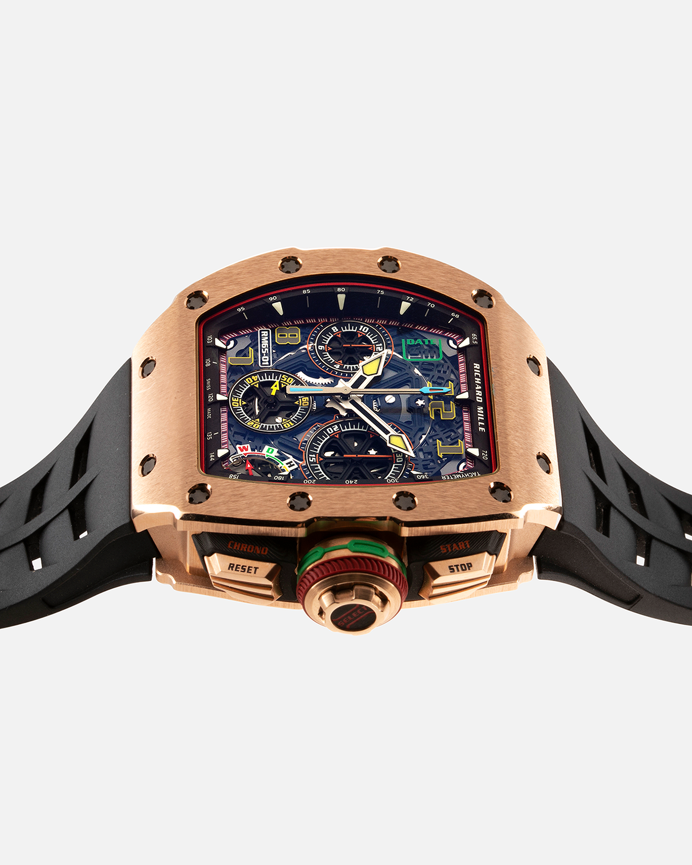 Brand: Richard Mille Year: 2022 Model: RM65-01 Material: 18-carat Rose Gold Movement: Cal. RMAC4, Self-Winding Case Diameter: 44mm x 49.9mm Bracelet: Richard Mille Black Rubber Strap with Signed 18-carat Rose Gold Deployant Clasp