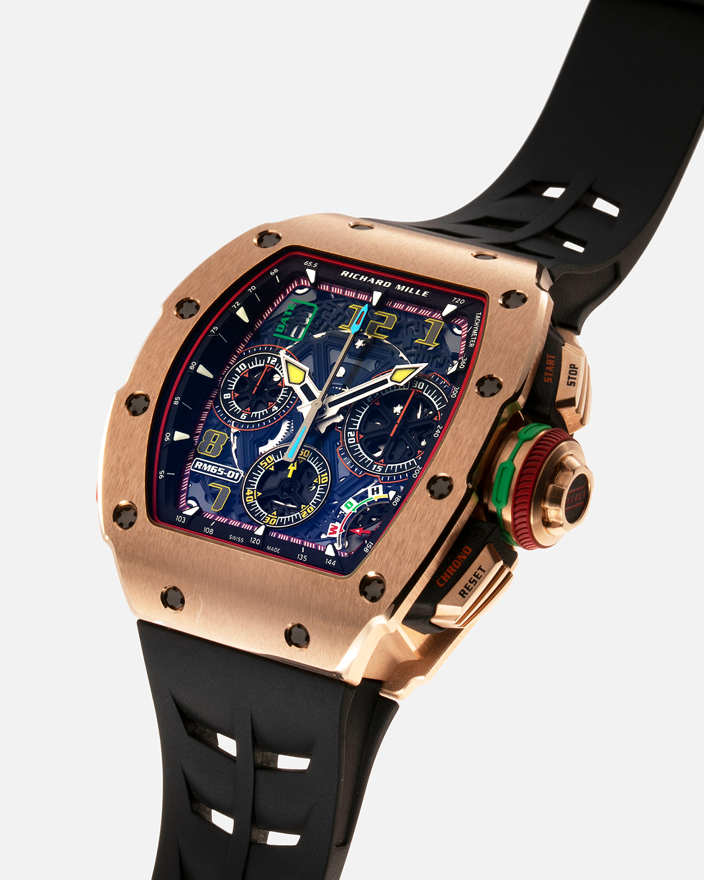 Brand: Richard Mille Year: 2022 Model: RM65-01 Material: 18-carat Rose Gold Movement: Cal. RMAC4, Self-Winding Case Diameter: 44mm x 49.9mm Bracelet: Richard Mille Black Rubber Strap with Signed 18-carat Rose Gold Deployant Clasp