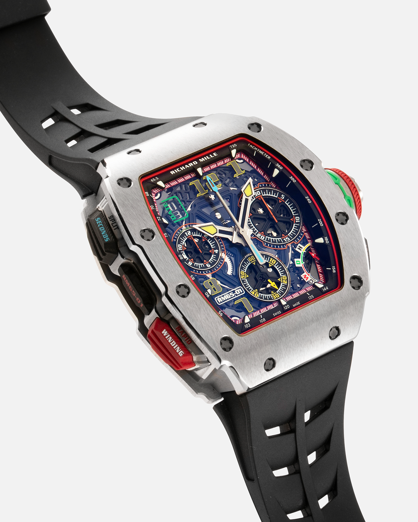 Brand: Richard Mille Year: 2022 Model: RM65-01 Material: Titanium Movement: Cal. RMAC4 Case Diameter: 44mm X 49.9mm Bracelet: Richard Mille Black Rubber Strap with Titanium Deployant Clasp and Additional Richard Mille Green Rubber Strap