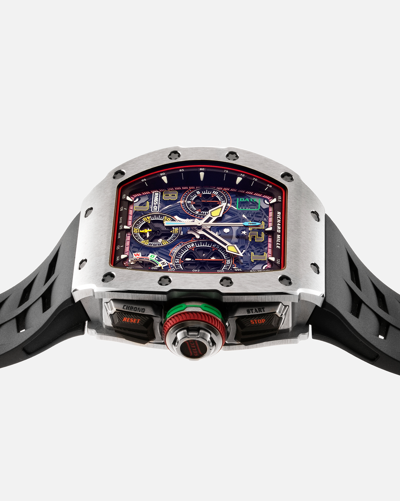 Brand: Richard Mille Year: 2022 Model: RM65-01 Material: Titanium Movement: Cal. RMAC4 Case Diameter: 44mm X 49.9mm Bracelet: Richard Mille Black Rubber Strap with Titanium Deployant Clasp and Additional Richard Mille Green Rubber Strap