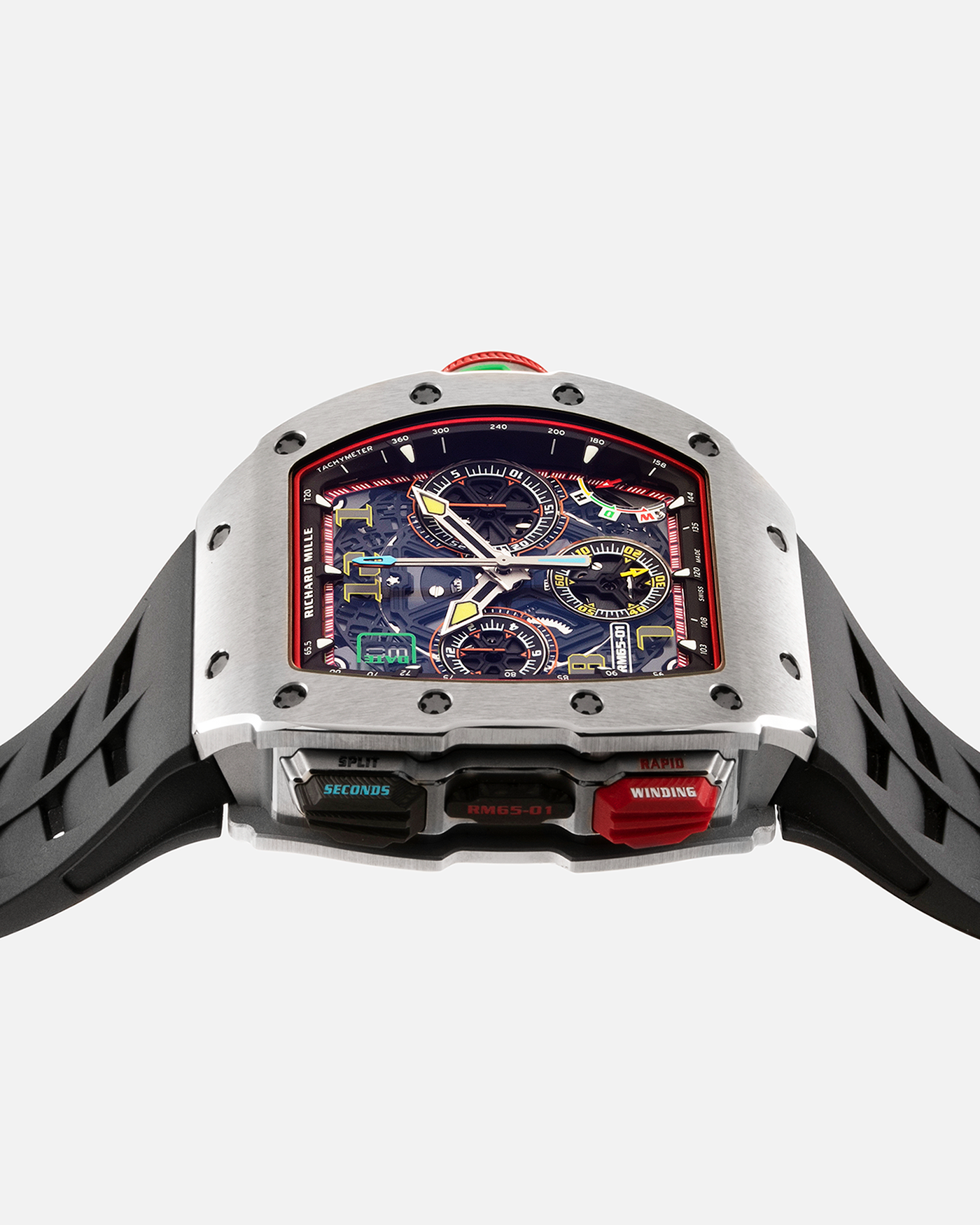 Brand: Richard Mille Year: 2022 Model: RM65-01 Material: Titanium Movement: Cal. RMAC4 Case Diameter: 44mm X 49.9mm Bracelet: Richard Mille Black Rubber Strap with Titanium Deployant Clasp and Additional Richard Mille Green Rubber Strap