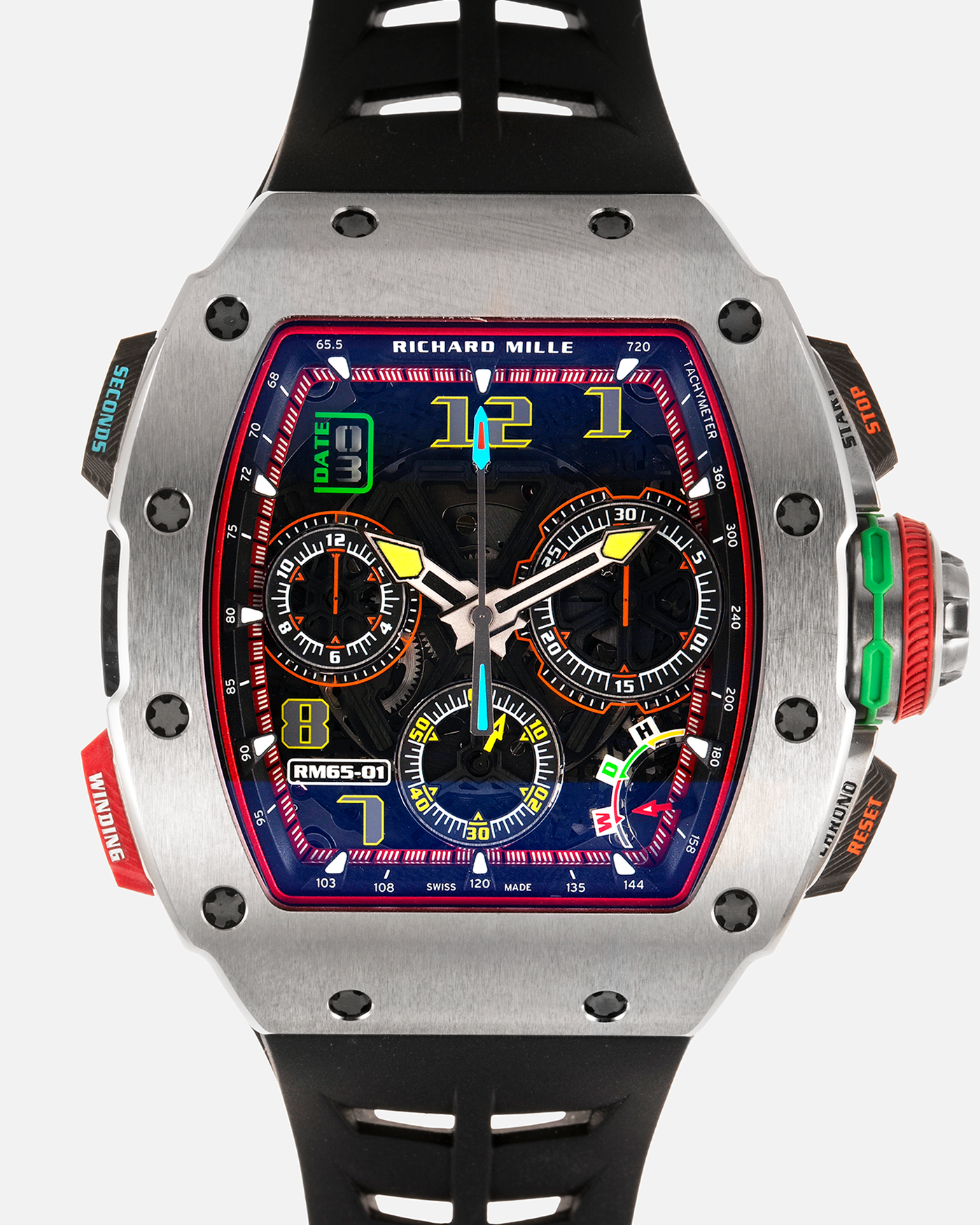 Brand: Richard Mille Year: 2022 Model: RM65-01 Material: Titanium Movement: Cal. RMAC4 Case Diameter: 44mm X 49.9mm Bracelet: Richard Mille Black Rubber Strap with Titanium Deployant Clasp and Additional Richard Mille Green Rubber Strap