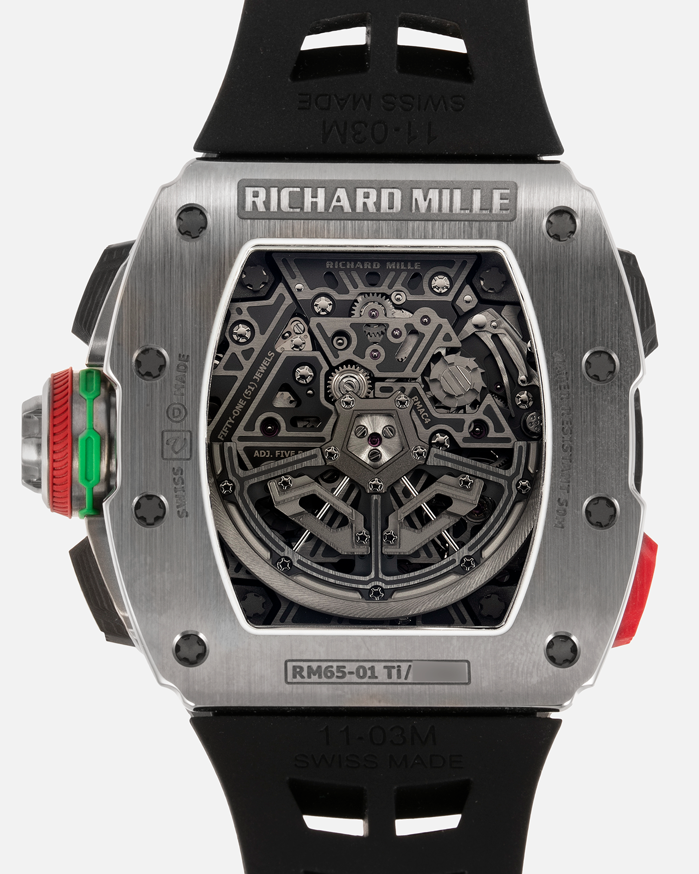 Brand: Richard Mille Year: 2022 Model: RM65-01 Material: Titanium Movement: Cal. RMAC4 Case Diameter: 44mm X 49.9mm Bracelet: Richard Mille Black Rubber Strap with Titanium Deployant Clasp and Additional Richard Mille Green Rubber Strap
